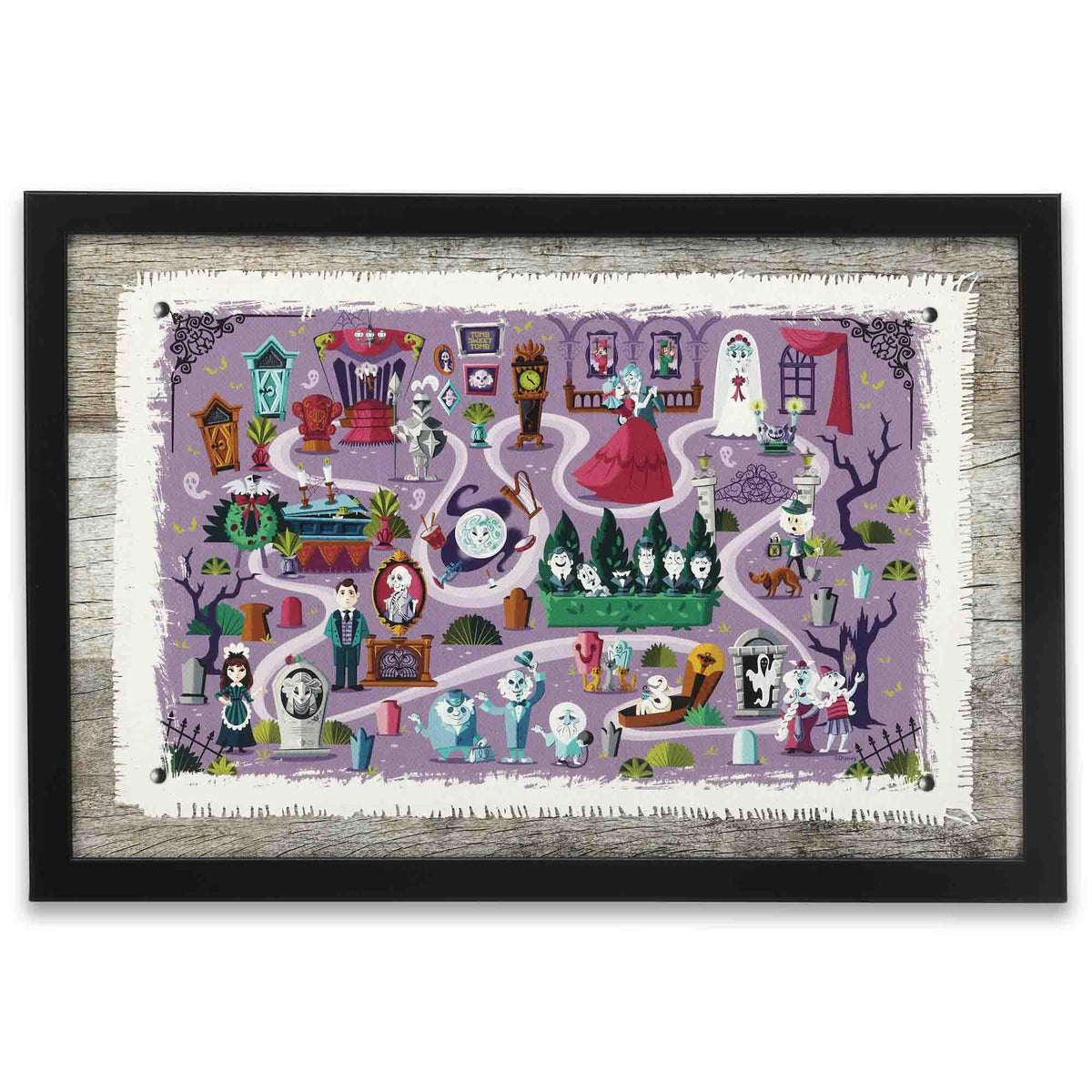Disney Haunted Mansion Map Framed Wood Wall Decor - Fun Haunted Mansion Picture for Kids' Room or Halloween Decor
