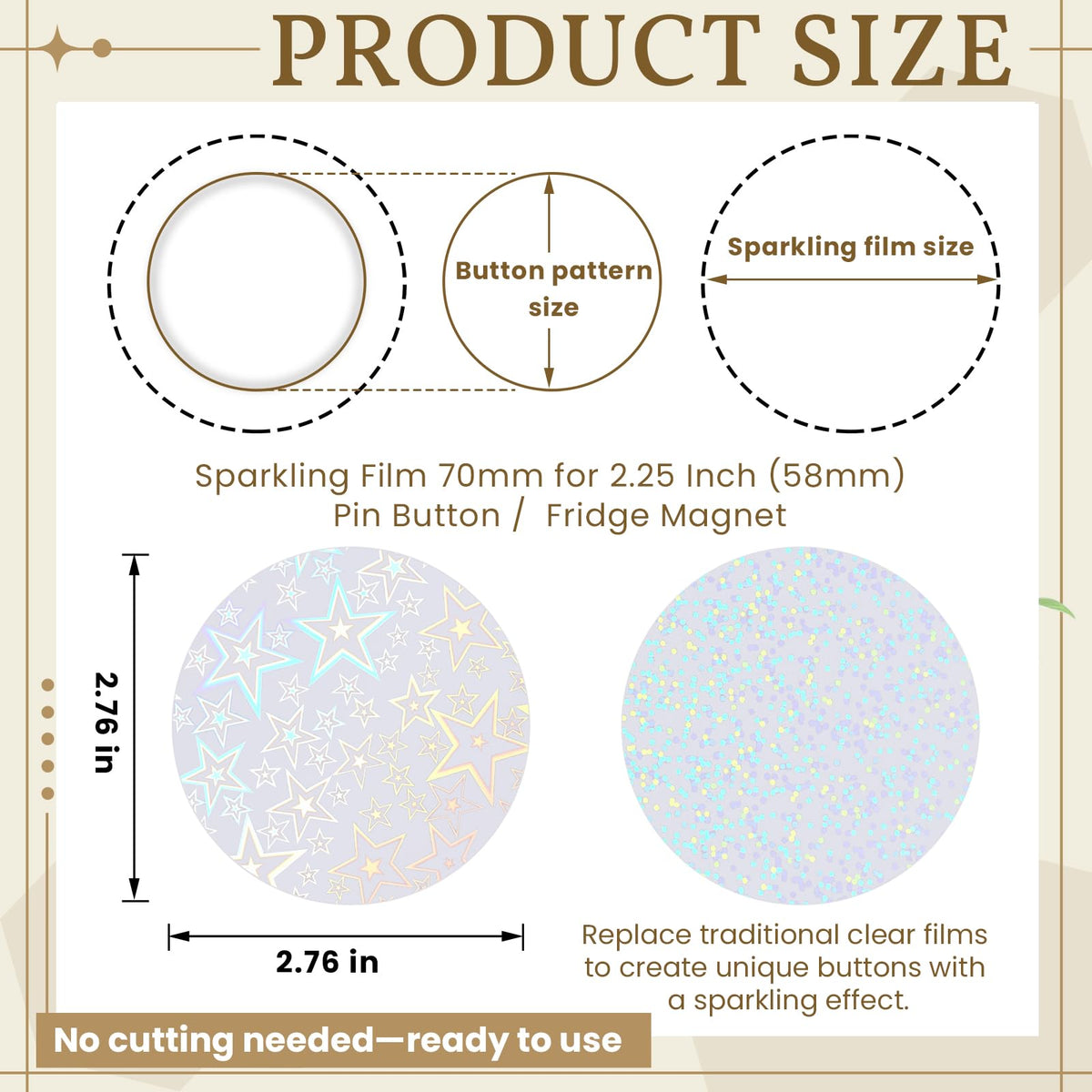 200 Pcs Badge Protective Film 70mm (2.76 in), 8 Styles of Holographic Glitter, Badge Film for 2.25 Inch 58mm Button Maker Machine, 58mm Button Making Supplies