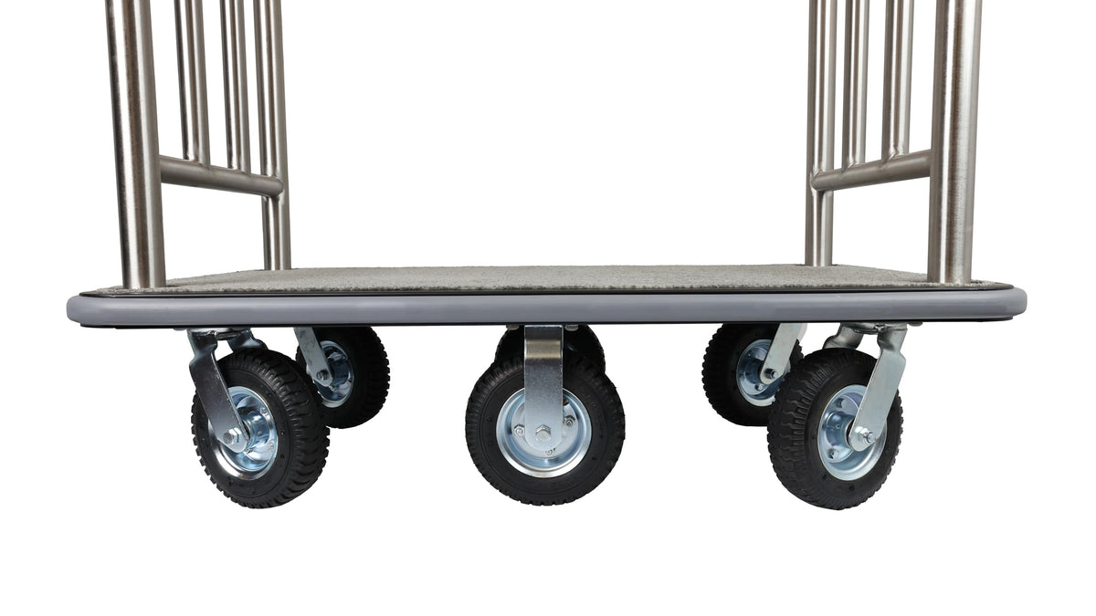 Wholesale Hotel Products Brushed Stainless Steel Luggage Cart – 1500lb Capacity–Bellman Cart w/ Grey Bumper Guard, Plush Carpet, 2” Welded Steel Frame & 8" Wheels, for 5-Star Hotels (Grand Lux Series)