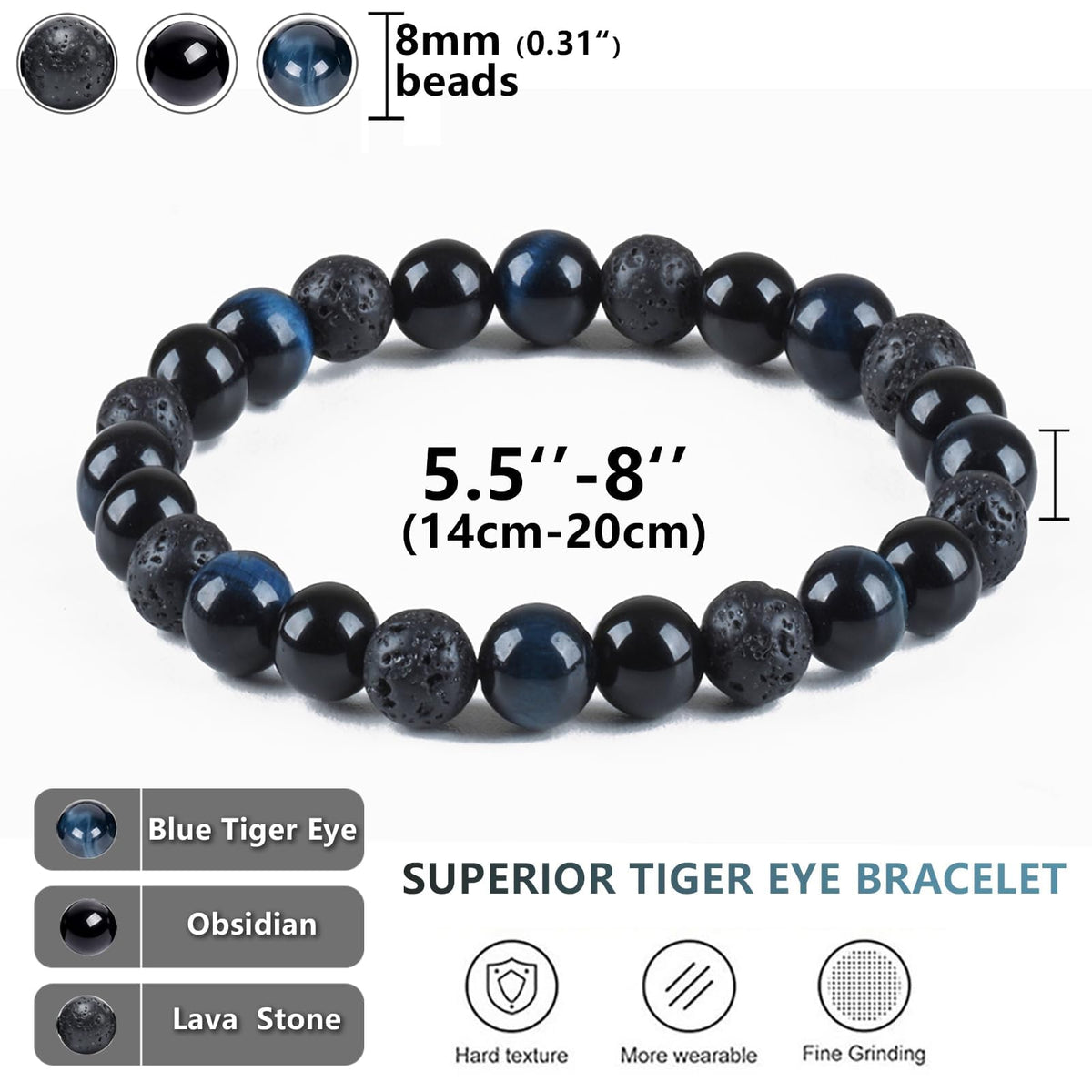SAMXY Men Bead Bracelet - 8mm Blue Tiger Eye Black Obsidian & Lava Stone Beads - Natural Onyx & Crystal Healing Stones - Handmade Adjustable Protection Bracelet- Spiritual Jewelry Gift for Women men