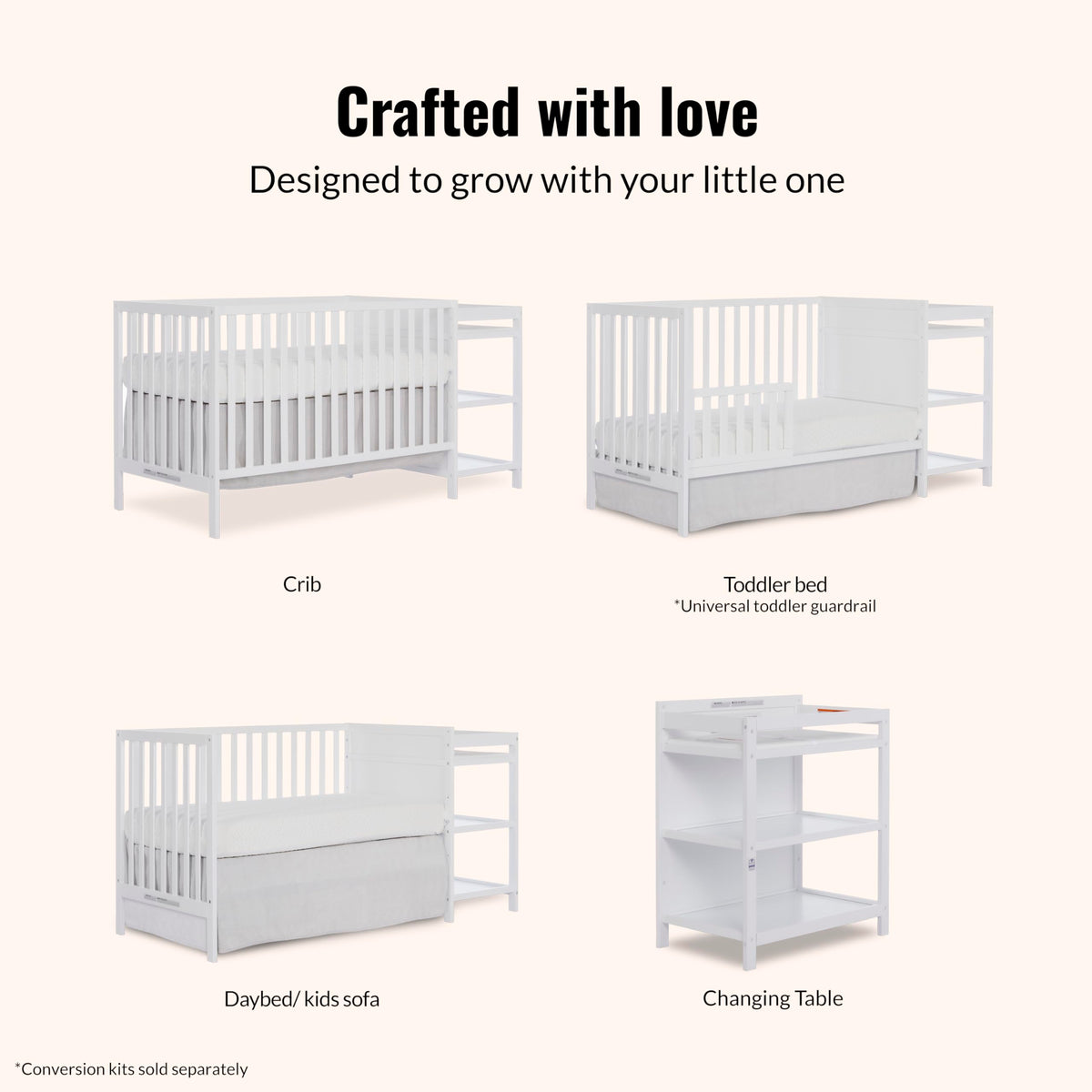 Dream On Me Synergy 3-in-1 Convertible Full-Size Baby Crib & Changer, White, Open Storage, GreenGuard Gold & JPMA, Pinewood, Converts to Day & Toddler Bed, 4 Mattress Heights, 1″ Changing Pad,