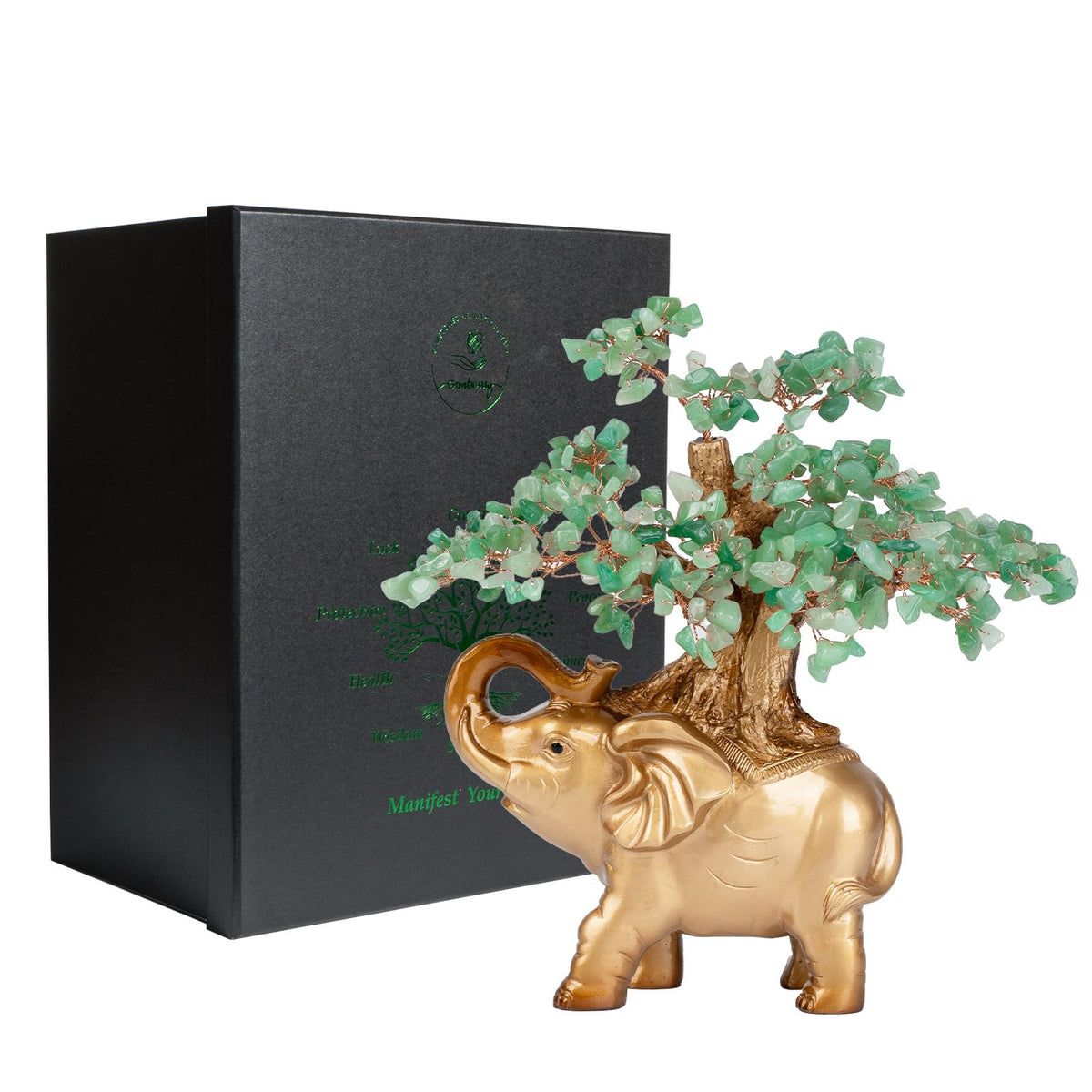 GEMBOURY Green Aventurine Crystal Money Tree on Gold Mini Elephant Statue, 10”Gemstone Bonsai Tree of Life Home Décor Gifts for Wealth Positive Energy, Feng Shui Décor