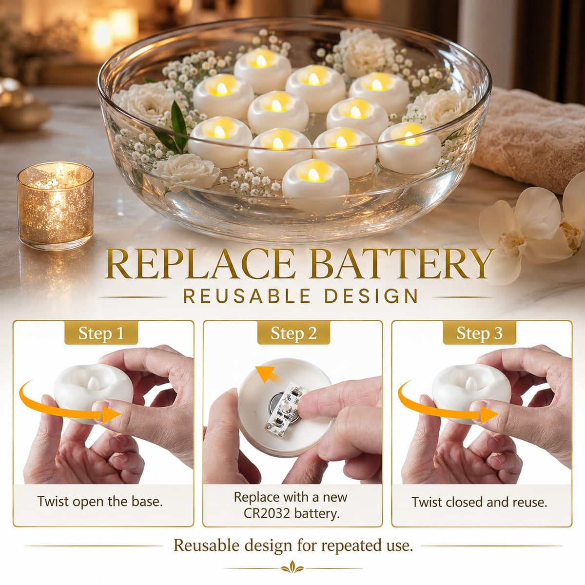 24 Pack 2.3” Flameless LED Floating Candles, Water-Activated Battery Operated Floating Candle with180+ Hours Runtime for Cylindrical Vase, Pool, Fountain - Ideal for Wedding, Party Decoration