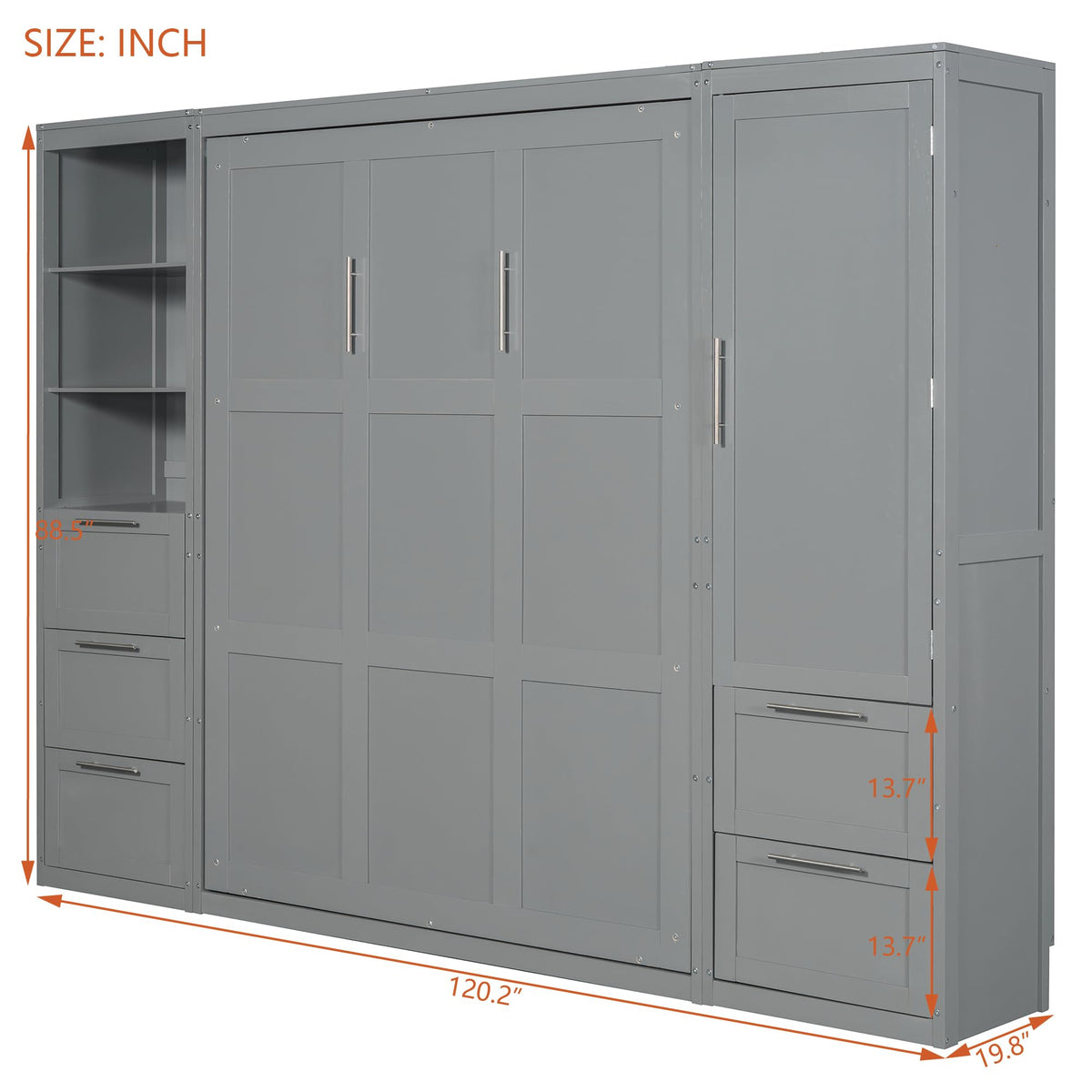 Merax Murphy Bed Queen Size, Built-in Shelves, Storage Drawers and Wardrobe, Wood Folding Wall Bedframe for Guest Room, Home Office, Grey
