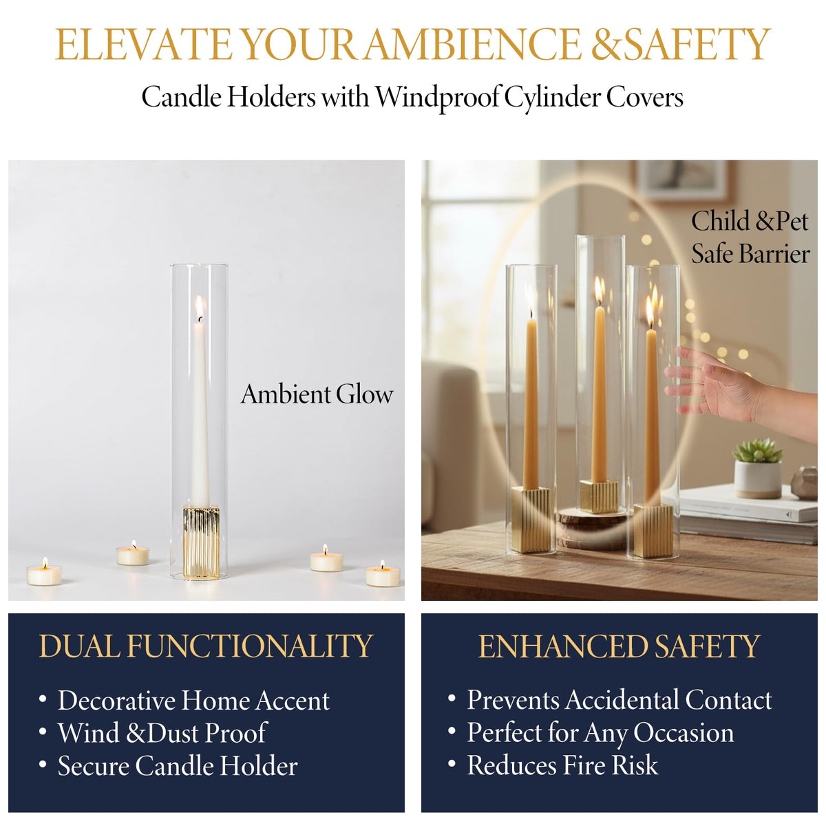 LETINE 14" Tall Hurricane Candle Holders with Gold Ribbed Taper Candle Holders Set of 9– Bulk Windproof Taper Candle Hurricane Glass for Outdoor&Indoors Wedding Centerpiece, Event & Home Decor