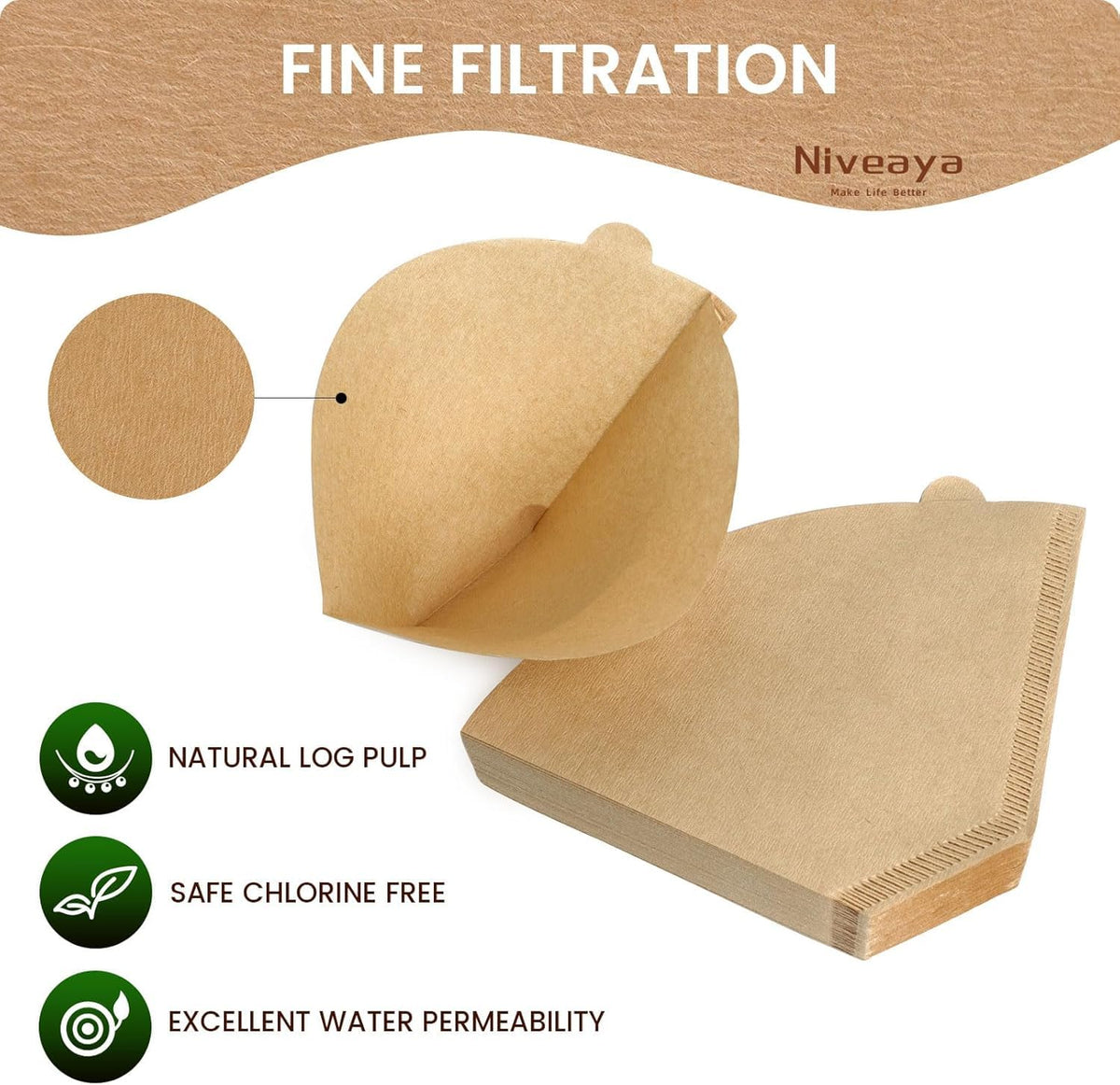 Niveaya Coffee Filters 300 Count, Cone Coffee Filter #4, Natural Paper Coffee Filter 8-12Cup (natural brown-300pcs, 04)