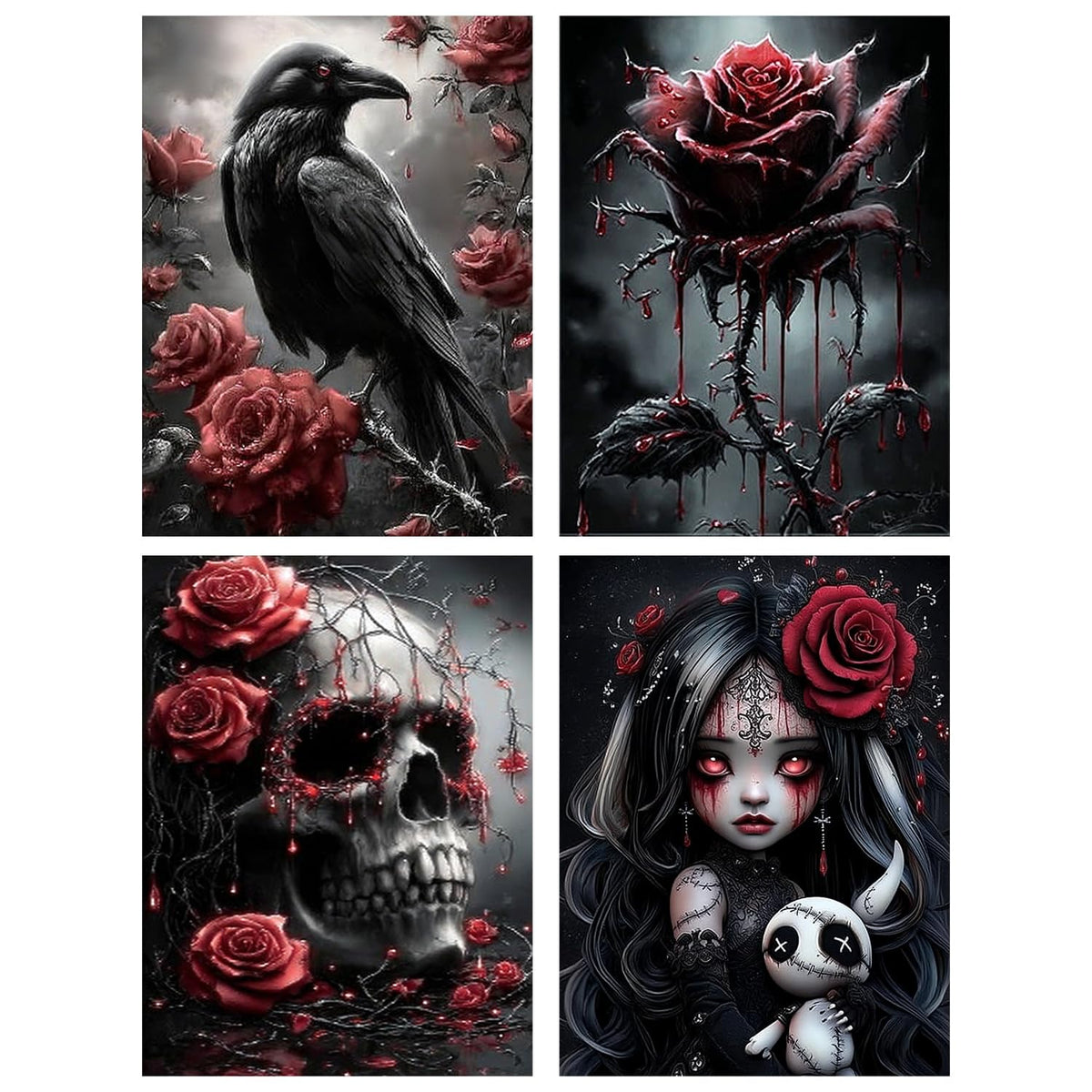 Aestalrcus 4 Pack Gothic Diamond Art Kits for Adults, Rose Crow Skull Diamond Painting Kits for Adults, 5D Full Drill Gem Art and Crafts for Gift Home Wall Decor 12x16 Inch