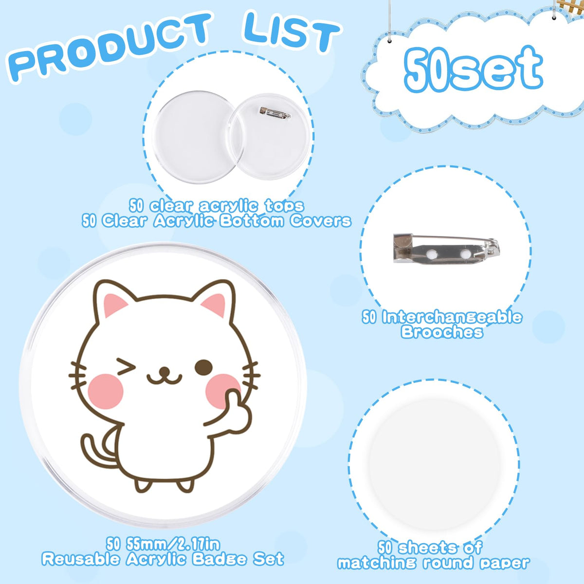 MK.Bear 50 Pack Acrylic Button Pins Badge, 55mm/2.17 Inch Clear Pins Buttons Kit, DIY Badges Acrylic Pin Buttons with Blank Round Paper