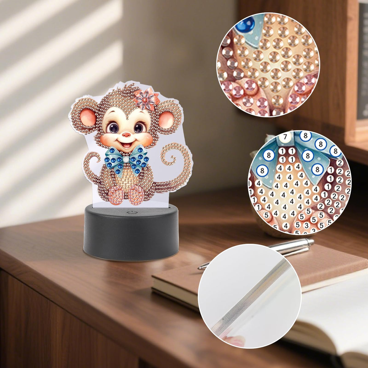 JZHYOAN Monkey Diamond Painting Night Light DIY Gem Painting Table Lamp Diamond Art Table Lamp Gift Light up Art Ornaments for Table Desk Bedroom Mosaic Cross-Stitch Set for Adult