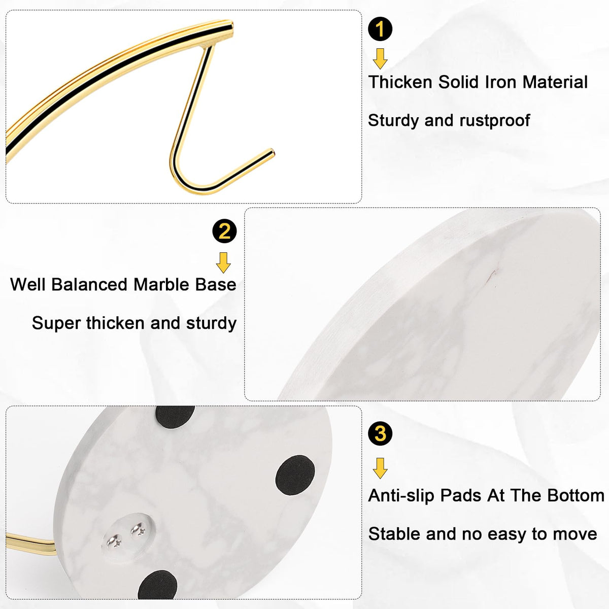 Livabber Banana Holder with Marble Base, Metal Banana Hanger Modern Tree Stand with Hook, Stylish Banana Keeper Fresh Fruit Storage Organizer Freestanding for Kitchen Countertop (Gold, Single Hook)