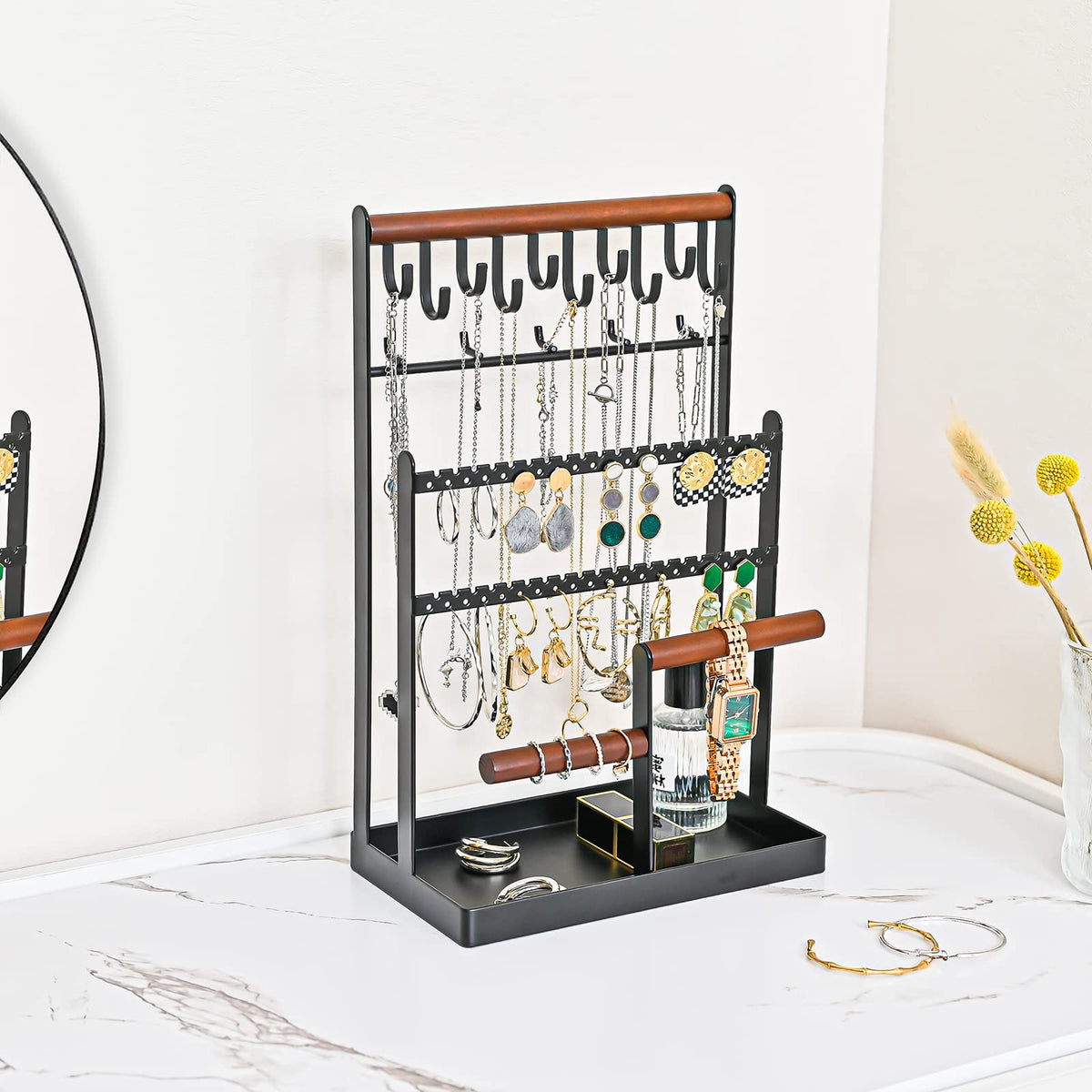 ProCase Jewelry Organizer Stand Necklace Organizer Earring Holder, 6 Tier Jewelry Stand Necklace Holder with 15 Hooks, Jewelry Tower Display Rack Storage Tree for Bracelets Earrings Rings -Black