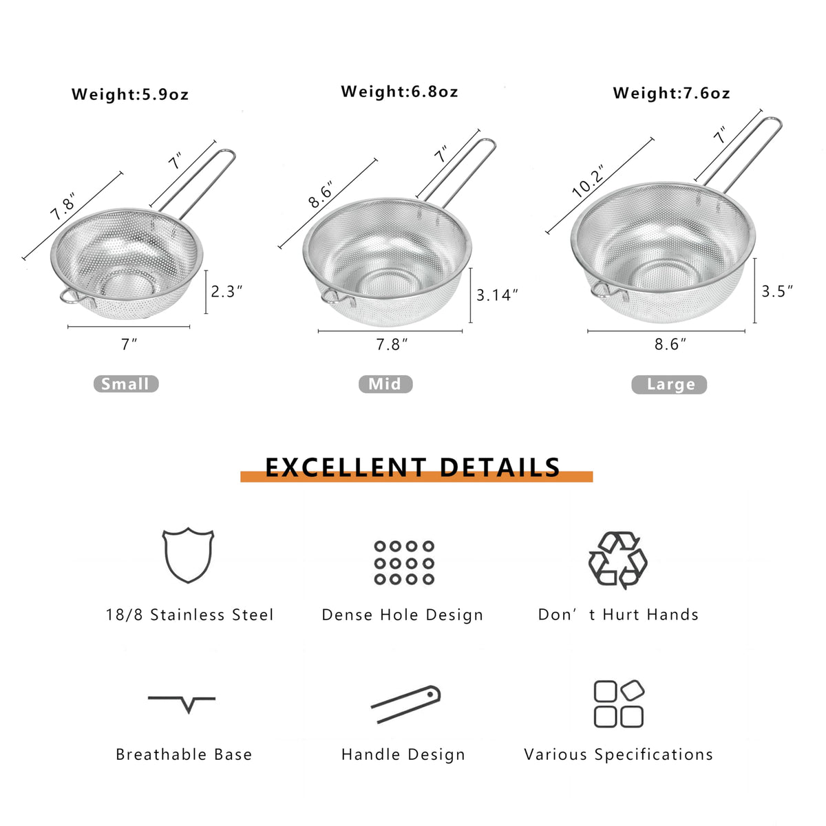 ICEICE Metal Fine Mesh Strainer and Colander for Kitchen with Handle, Stainless Steel Pasta Strainer/Kitchen Funnel/Collander/Sifter for Strain/Wash Vegetables, Fruits, Spaghetti, Rice (10.2＂)