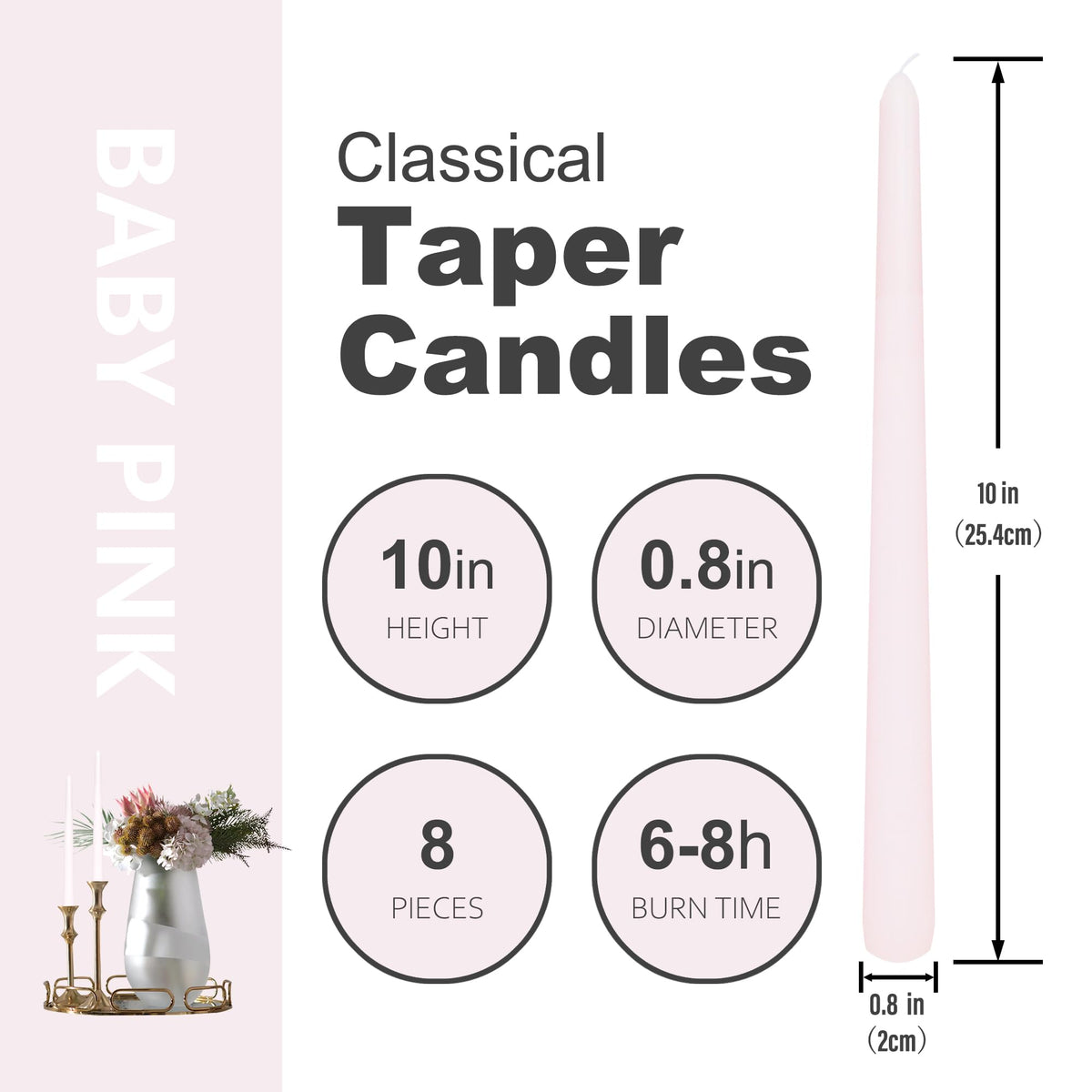 8 Pack 10 Inch Baby Pink Taper Candles Long Burning Time and Dripless Candles for Dinner Home Decor Wedding Shower
