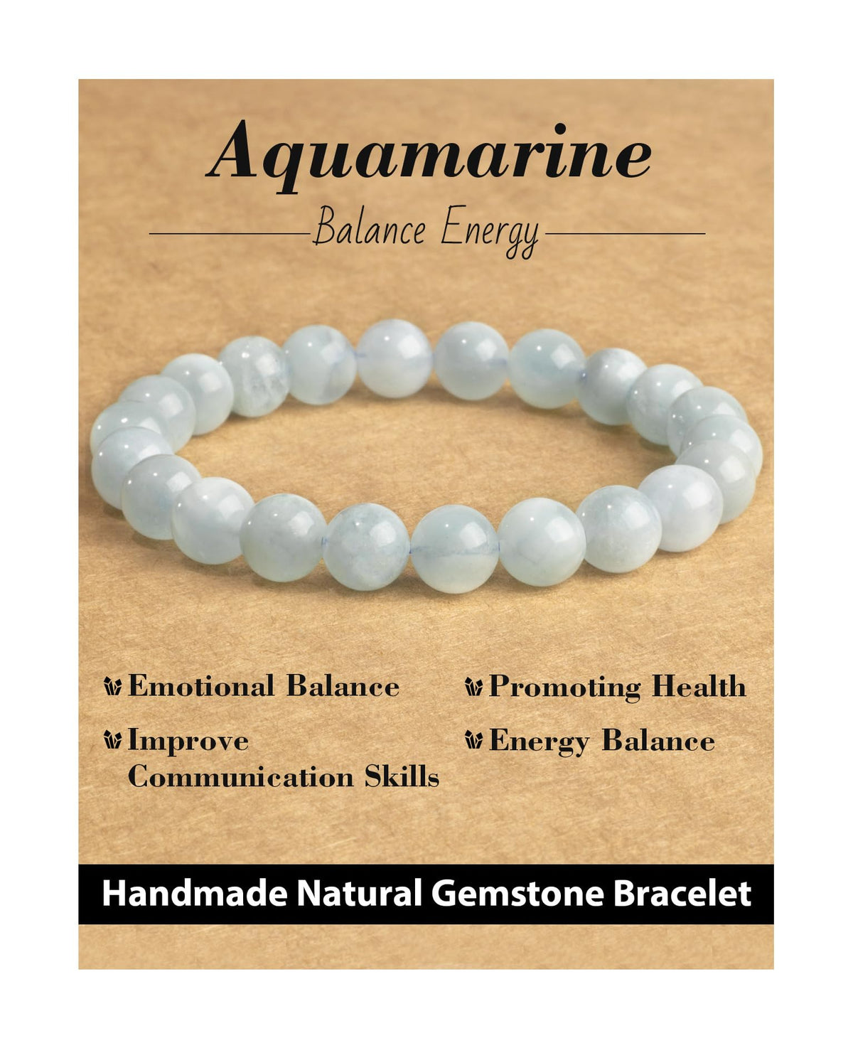 Landorilo Beaded Bracelet for Men Women, 8mm Natural Stone Aquamarine Healing Crystal Stretch Bracelets, Ideal Christmas Birthday Jewelry Gifts with Energy Card，Replacement Beads Included