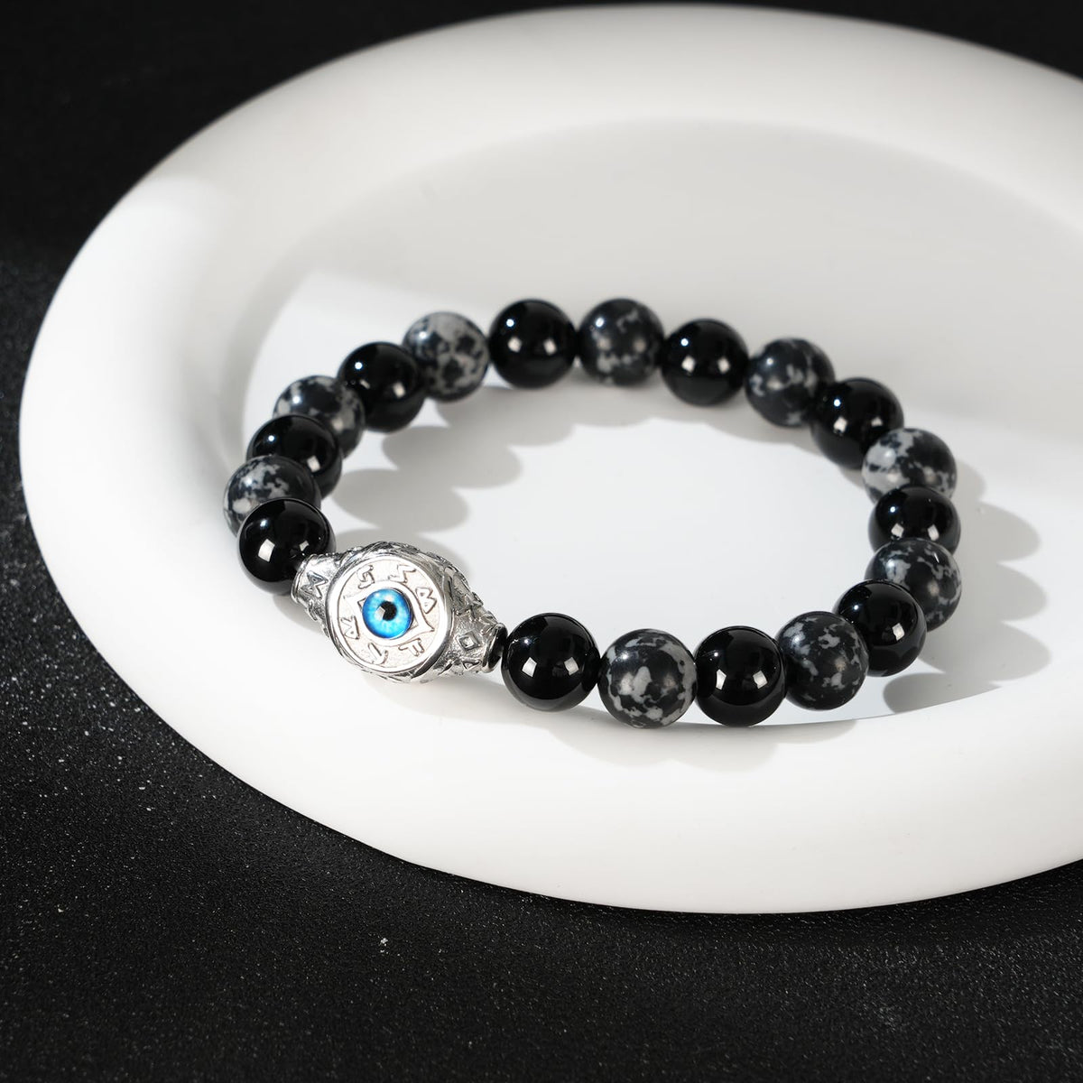 Men's Evil Eye Bracelet, 10mm Beaded Bracelet with Natural Gemstones, Adjustable Elastic Design, Gift for Anniversary, Christmas and Thanksgiving, Silver Obsidian/Tiger Eye/Hematite/Snowflake Obsidian/Black Agate