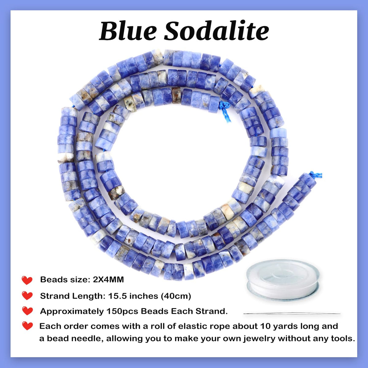 Natural Blue Sodalite Heishi Spacer Beads Loose Semi Precious Flat Round Gemstone Disc Shape Stone for Beading Jewelry Making 4x2mm 15.5"