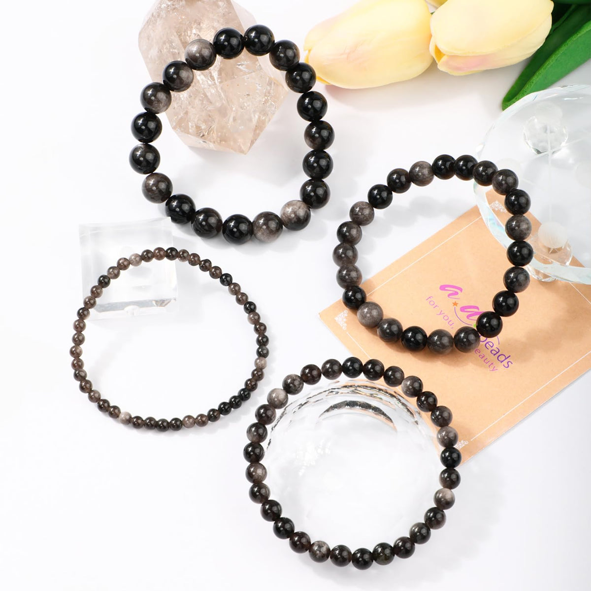 AD Beads 10mm Handmade Silver Obsidian Elastic Bracelet – Natural Gemstone for Protection – Meditation, Yoga, Healing and Energy Gift for Men Women