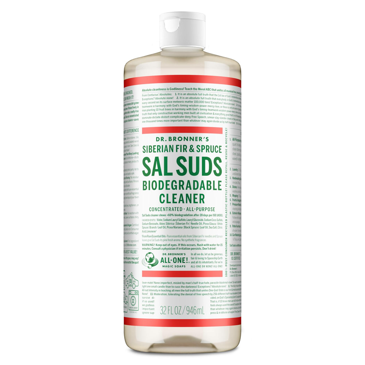 Dr. Bronner's Sal Suds Biodegradable Cleaner (32 oz) – All Purpose Pine Mop Detergent for Floors, Laundry & Dishes, Multi-Surface Concentrate, Heavy-Duty Degreaser