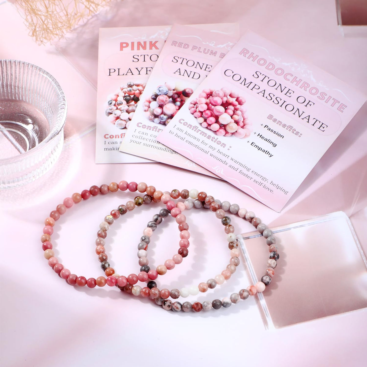 NCB 3-Piece 4mm Natural Crystal Gemstone Stretch Bracelets – ﻿Rhodochrosite, Pink Zebra, Pink Black Rhodonite Handmade Reiki Energy Healing Jewelry for Meditation,Yoga, Unisex