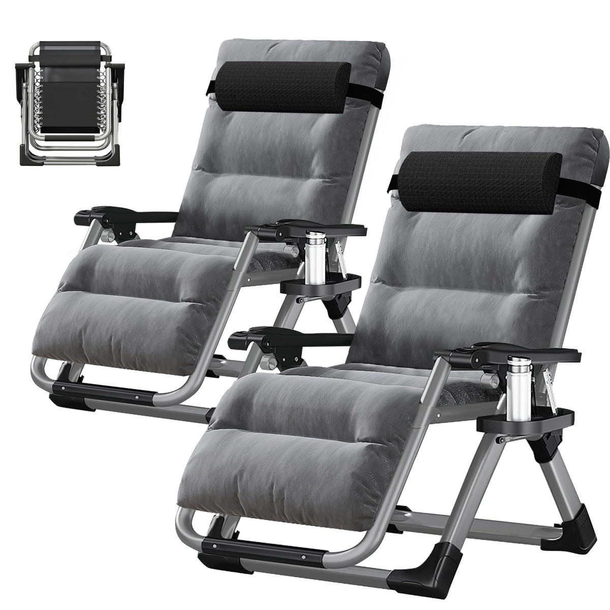 ABORON 2 Pack Zero Gravity Chair, Outdoor Lounge Chairs Sun Loungers with Removable Cushion,Headrest,Cup Holder,Reclining Patio Lounger Chair for Indoor and Outdoor
