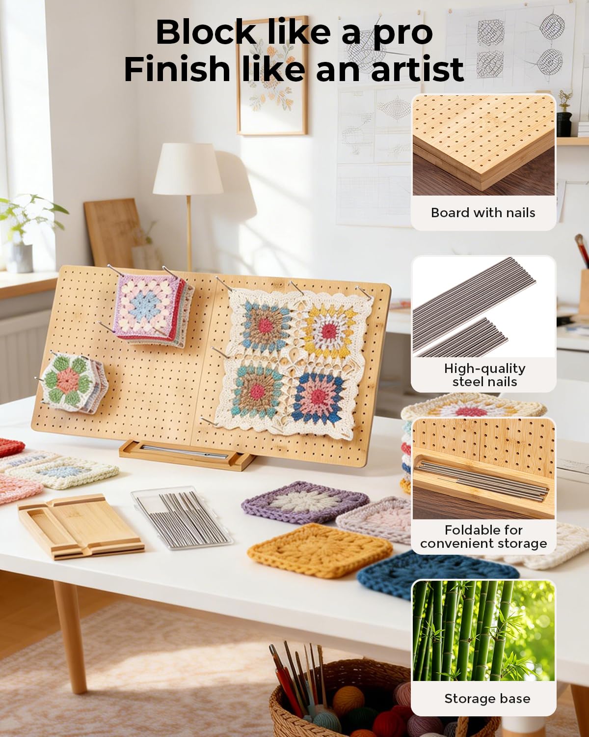 23" x 11.5" Large Crochet Blocking Board, Foldable Crochet Board for Blocking with 40 Pegs, Includes Needlepoint Bars and Crochet Complete, Complete Knitting Accessories Gift Set for Crocheters