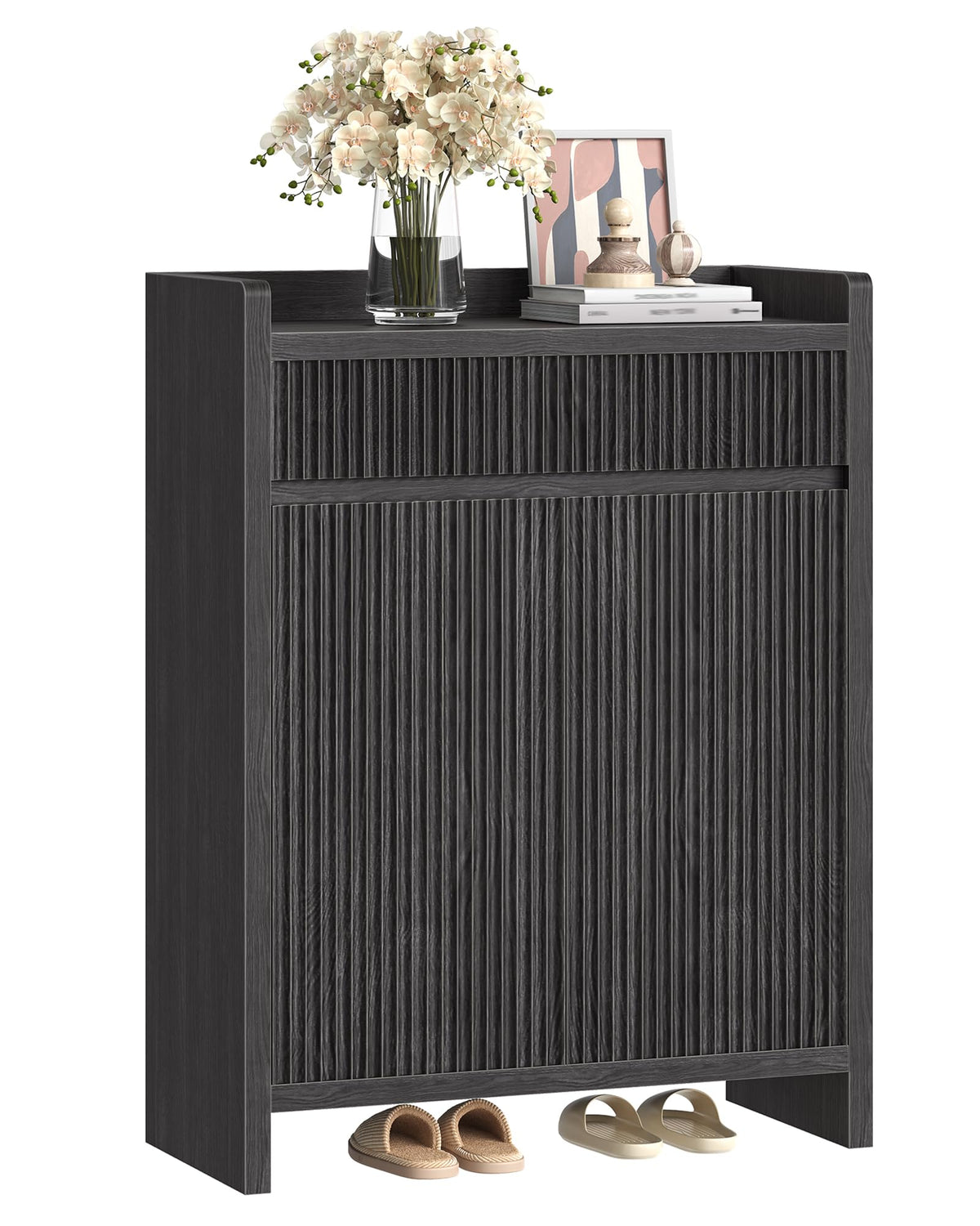 CHOEZON Shoe Storage Cabinet, 44.8" Tall Large Shoe Cabinet, Shoe Storage Organizer for Entryway, Fluted Shoe Cabinet with Drawer & Adjustable Shelves, Mid-Century, for Hallway, Charcoal Gray MSC03TH