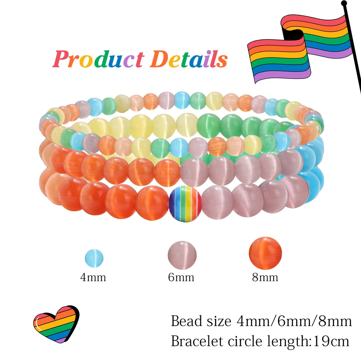 Risyfjew 3 PCS Healing Crystal Rainbow Bracelets for Women 8mm Natural Stone Beaded Stretch Bracelet Pride Jewelry Gifts
