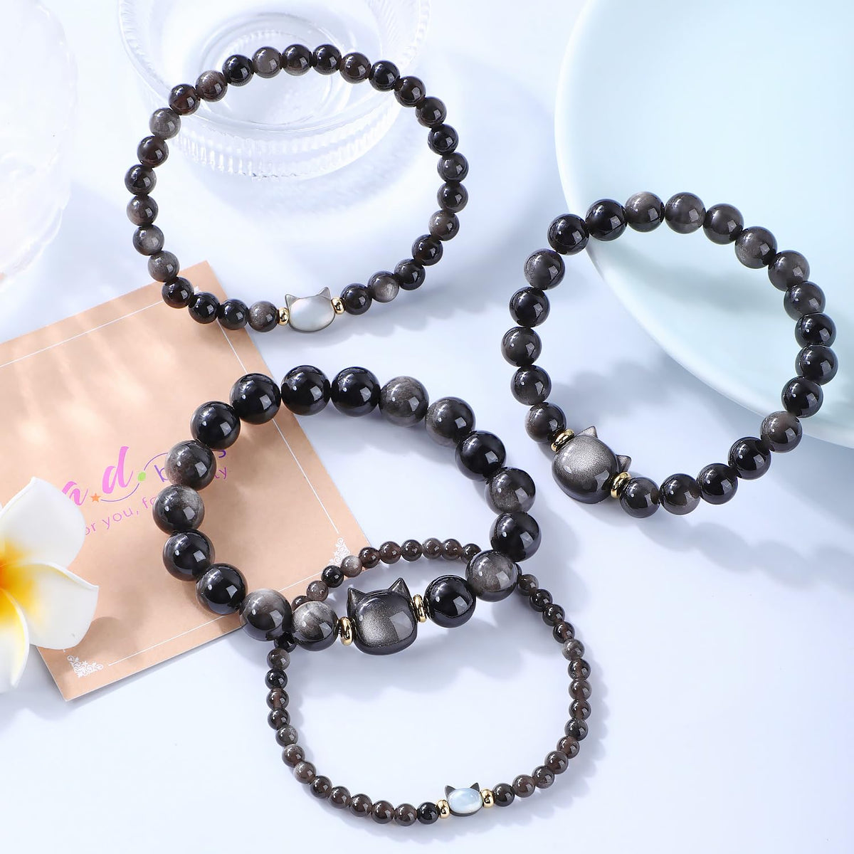 AD Beads 4mm Handmade Obsidian Cat Bracelet Elastic Bracelet – Natural Gemstone for Money Attraction – Meditation, Yoga, Healing and Energy Gift for Men Women