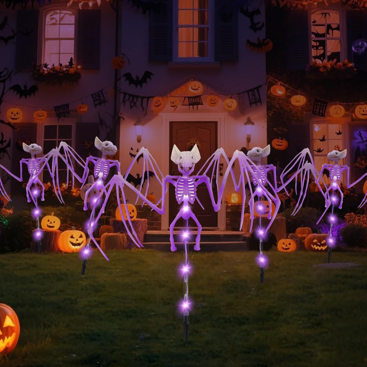 Solar Halloween Decorations Outdoor - 2 Pack 3D Scary Bat & Skeleton Lights, Waterproof LED Solar Garden Lights for Pathway, Lawn, Yard, Patio - Spooky Purple Lighting for Outdoor Holiday Decor