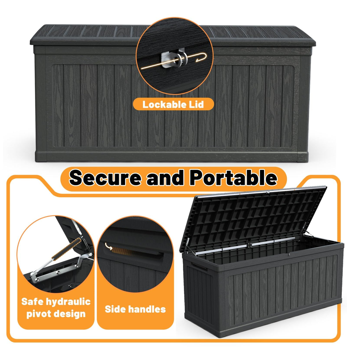 KCSWKJ Large Outdoor Storage Deck Box for Patio Furniture, Outdoor Cushions, Garden Tools and Sports/Pools Equipment, Waterproof Resin, Lockable, Black