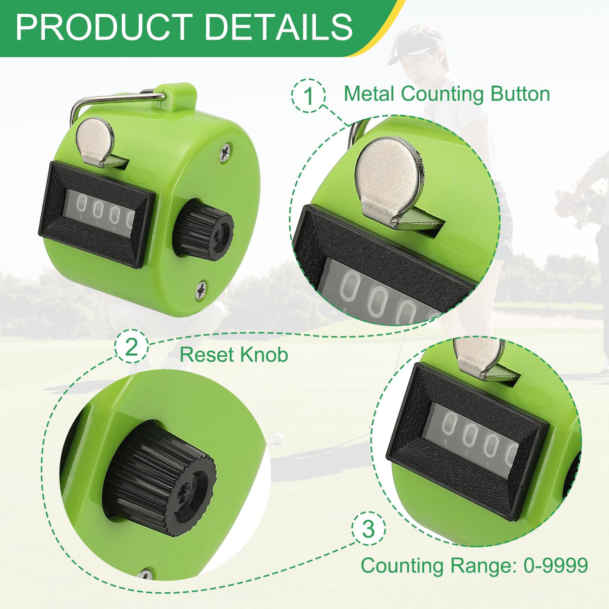 YELARXI Pitch Counter Clicker, 4-Digit Number Clicker for Counting Mechanical Hand Tally Counter - Fitting for (Golf - Fishing - Coaching - Knitting - Sports Events) 2 Pcs & Green