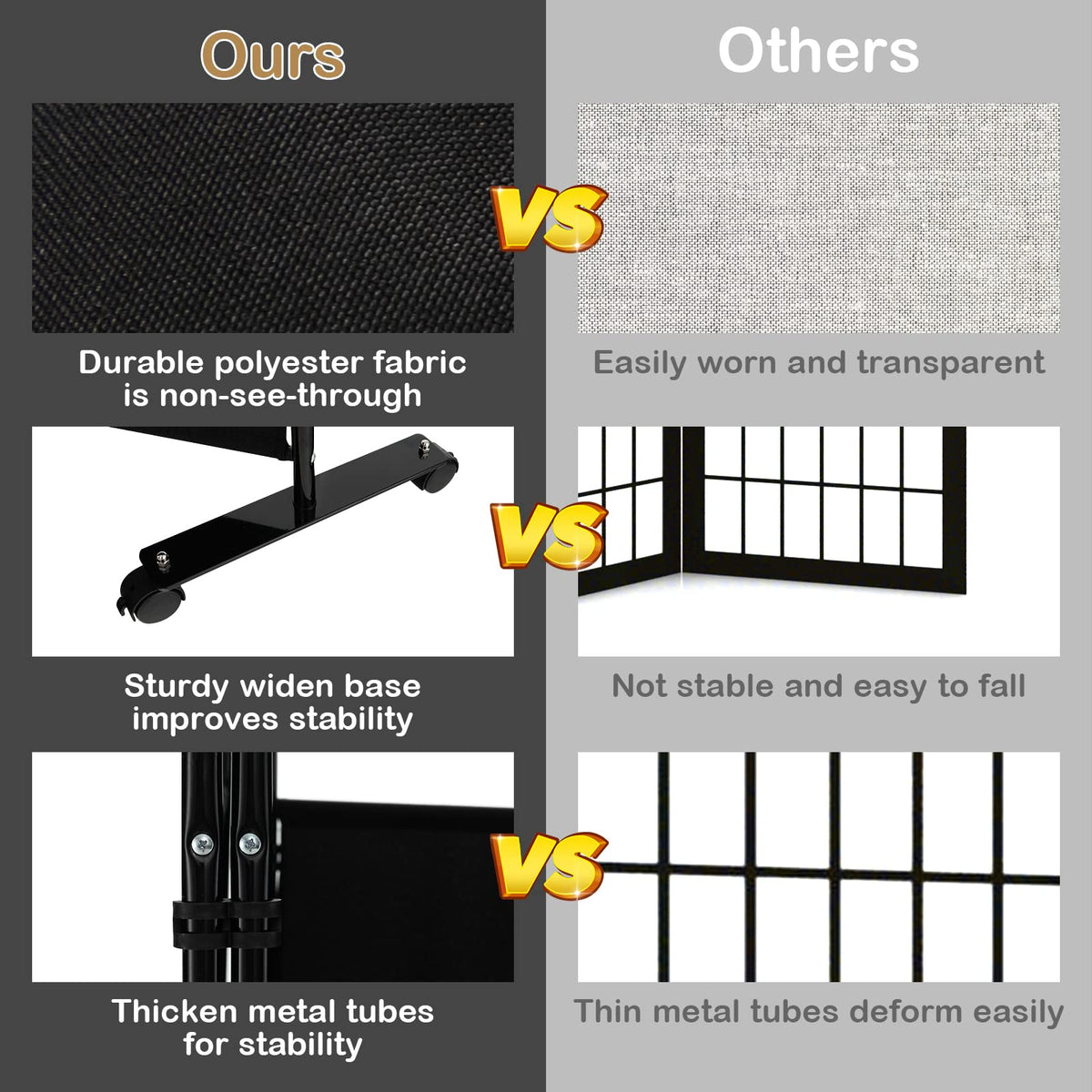 LDAILY 4 Panels Folding Room Divider, 6FT Tall Fabric Privacy Screen w/Metal Frame, Freestanding Partition Wall Divider w/Rolling Wheels for Bedroom, Dining Room, Office, Hospital (Black, 4-Panel)