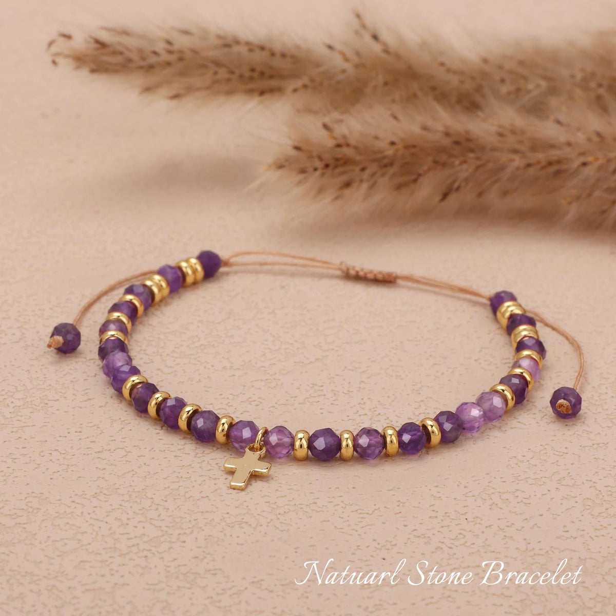 Raicegs Braided Amethyst Cross Crystal Bracelet Natural Stone Beaded Bracelet for Women Faith Jewelry Healing Bracelet Christian Gifts for Women Religious Gifts