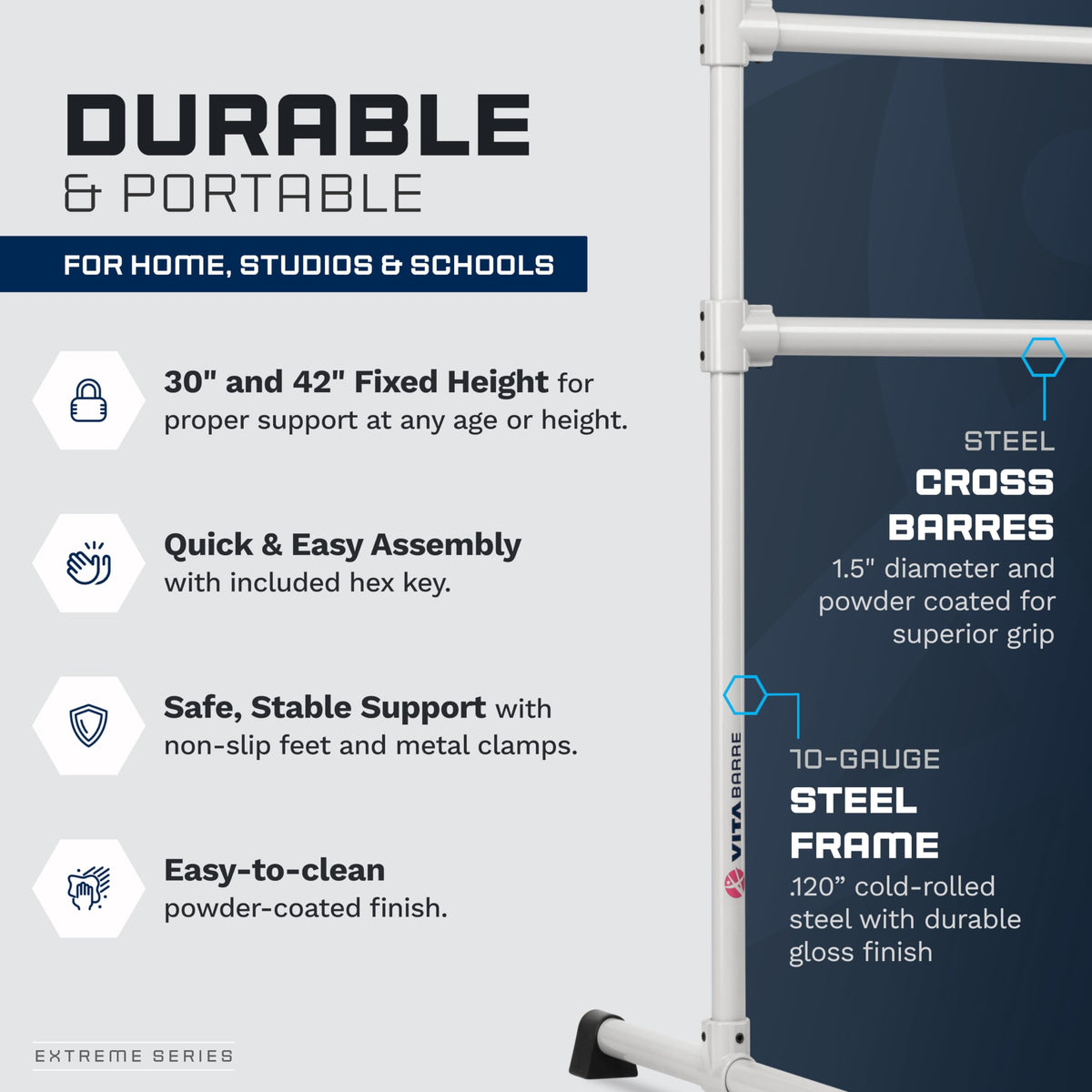VITA Barre Portable Freestanding Double Ballet Barre, Extreme, 10 Ft Bars, Satin Silver, Steel | Fixed Height, Made in USA, Home or Gym Exercise Equipment for Kids & Adults | Dance, Fitness, Pilates