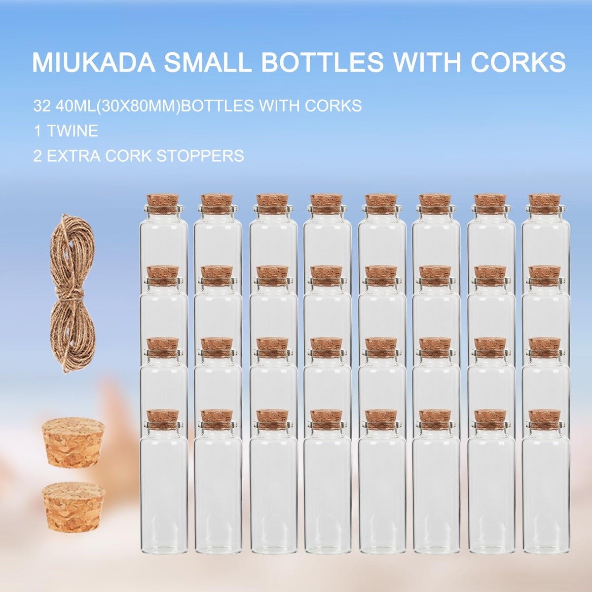 40 ml Small Glass Bottles with Cork, 32 Pack Mini Bottles with Twine & EXTRA Cork Stoppers, Small Vials with Lids, Tiny Glass Bottle, Mini Potion Bottle for Theme Party, Sand