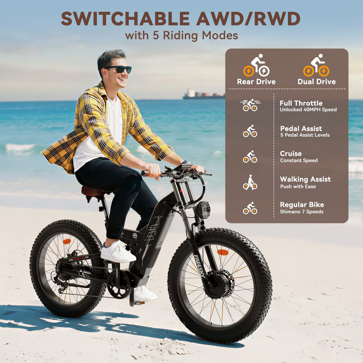 FREESKY 4000W Dual Motor Electric Bike for Adults, 48V 30AH Battery 120Miles Range, 40+MPH AWD Fast E-Bike, 26" Fat Tire Full Suspension Off-Road Mountain E Bike, Blue Grey, with Cycling Kits