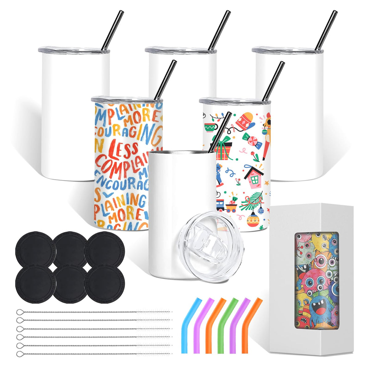BetterSub 6 Pcs 15 oz Double Wall Insulated Stainless Steel Sublimation Blanks Tumblers White with Lid, Metal Straw, Brush, Display Box for Home, Travel