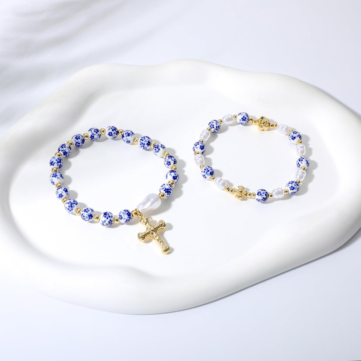 Dainty Cross Charm Beads Bracelet for Women Blue And White Vintage Ceramics Flower Bracelet Handmade Stretch Cute Beaded Romantic stackable Jewelry Gifts