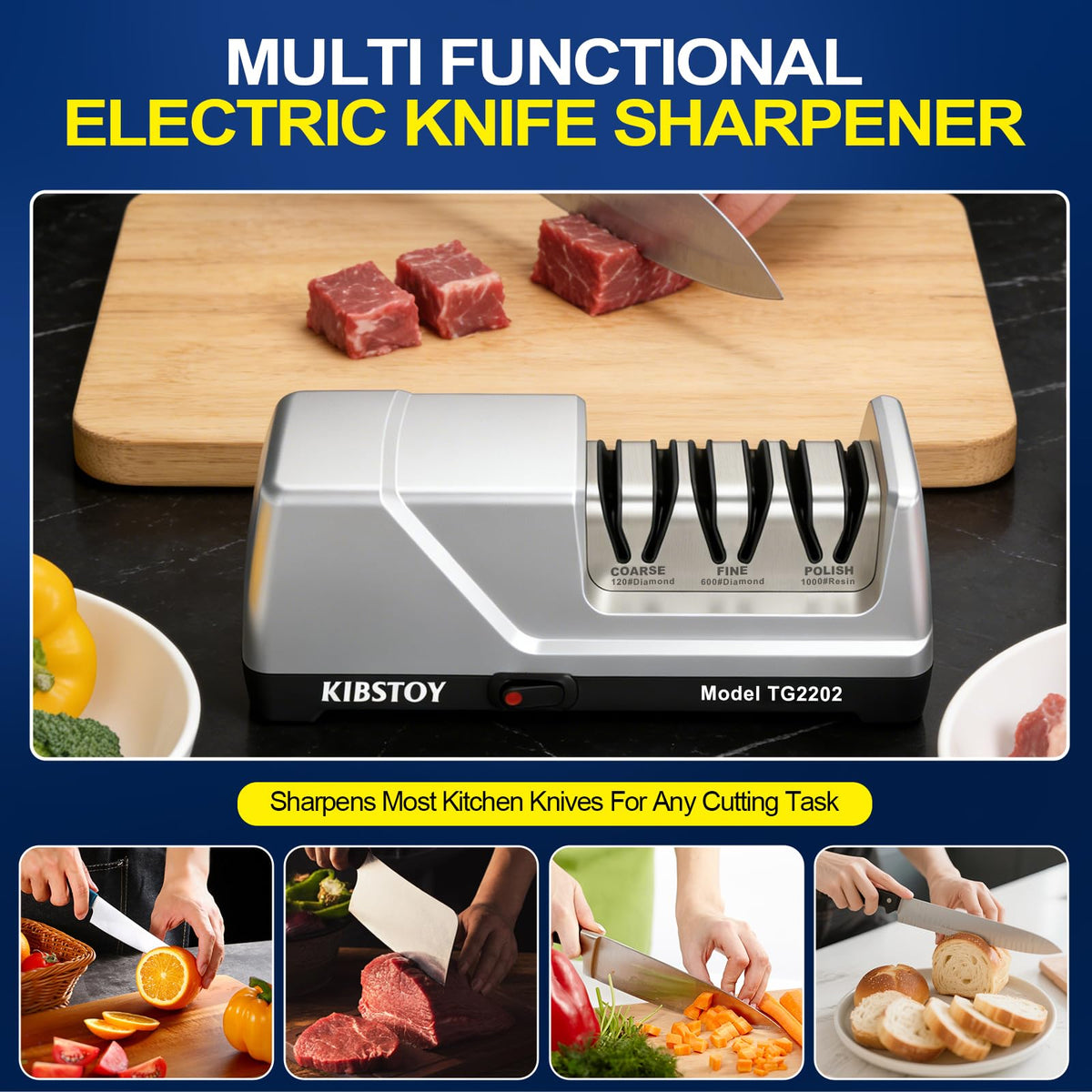 Knife Sharpener Electric, 3-Stage Professional Kitchen Sharpener with 100% Diamond Abrasive, 15° Precision Angle, Magnetic Dust Box, Fast Sharpening & Repair for Chef Knife, Paring Knife