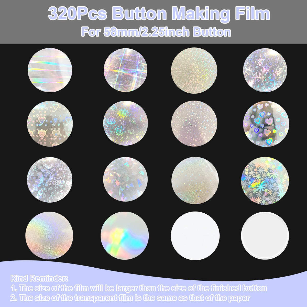 320Pcs Badge Protective Film, Button Maker Accessories Kit with Iridescent Film, 14 Styles Decorative Film, 1 Style Clear & 1 Style Printable Paper Inserts for 2.25 Inch (58mm) Badges