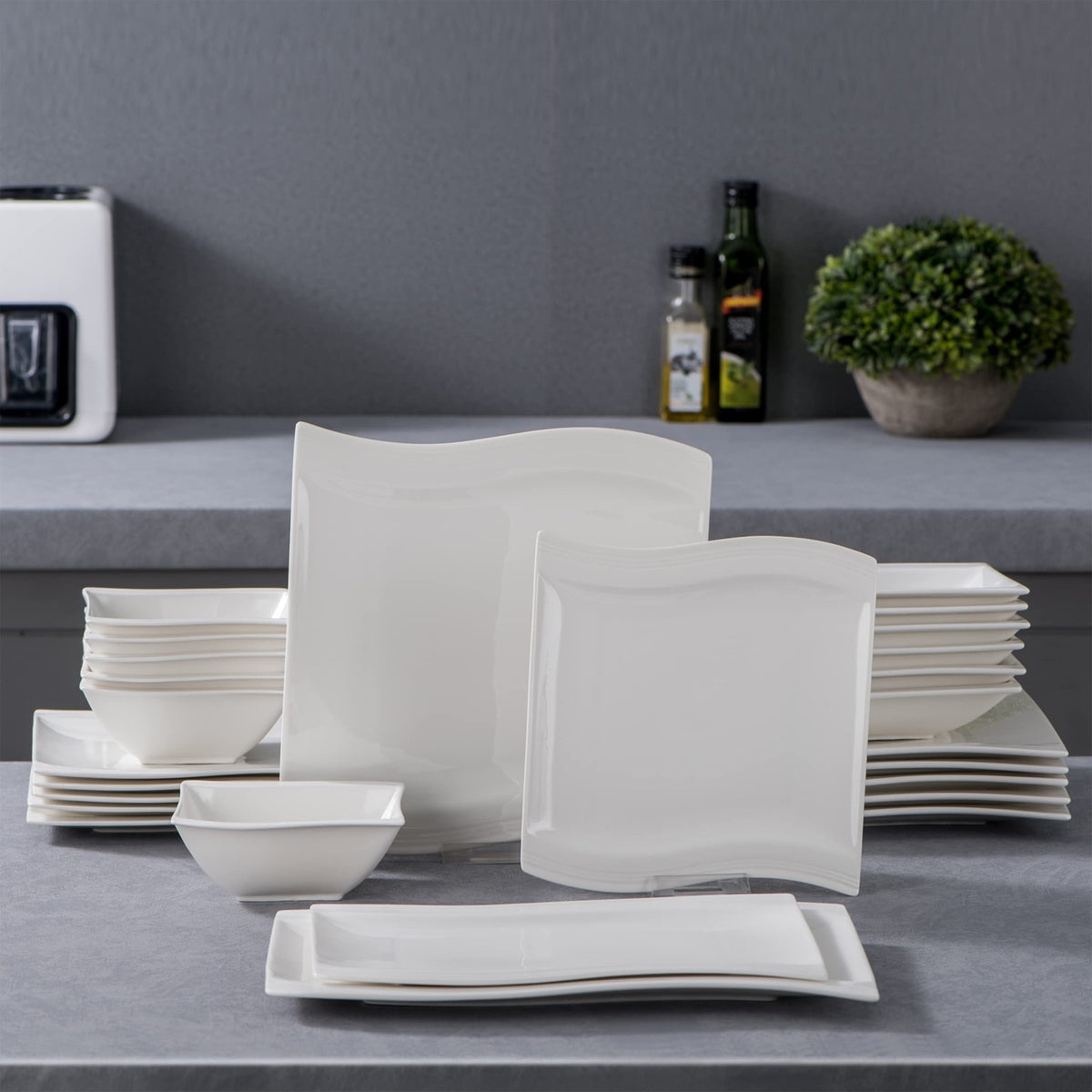 MALACASA 30 Piece Ivory White Dinnerware Sets Bundle with 26 Piece Plates and Bowls Sets, Series FLORA