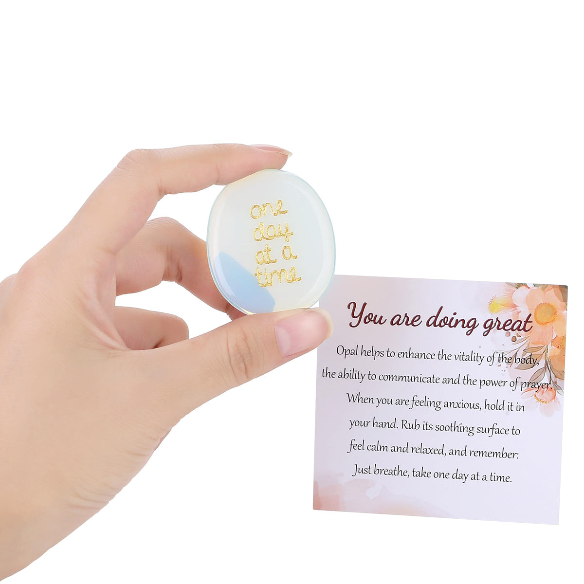 QINJIEJIE One Day at A Time Opal Worry Stone Healing Crystal Thumb Stones Thinking of You Gifts for Anxiety Relief Items You Got This Inspirational for Friend Encouragement Gift for Women Men