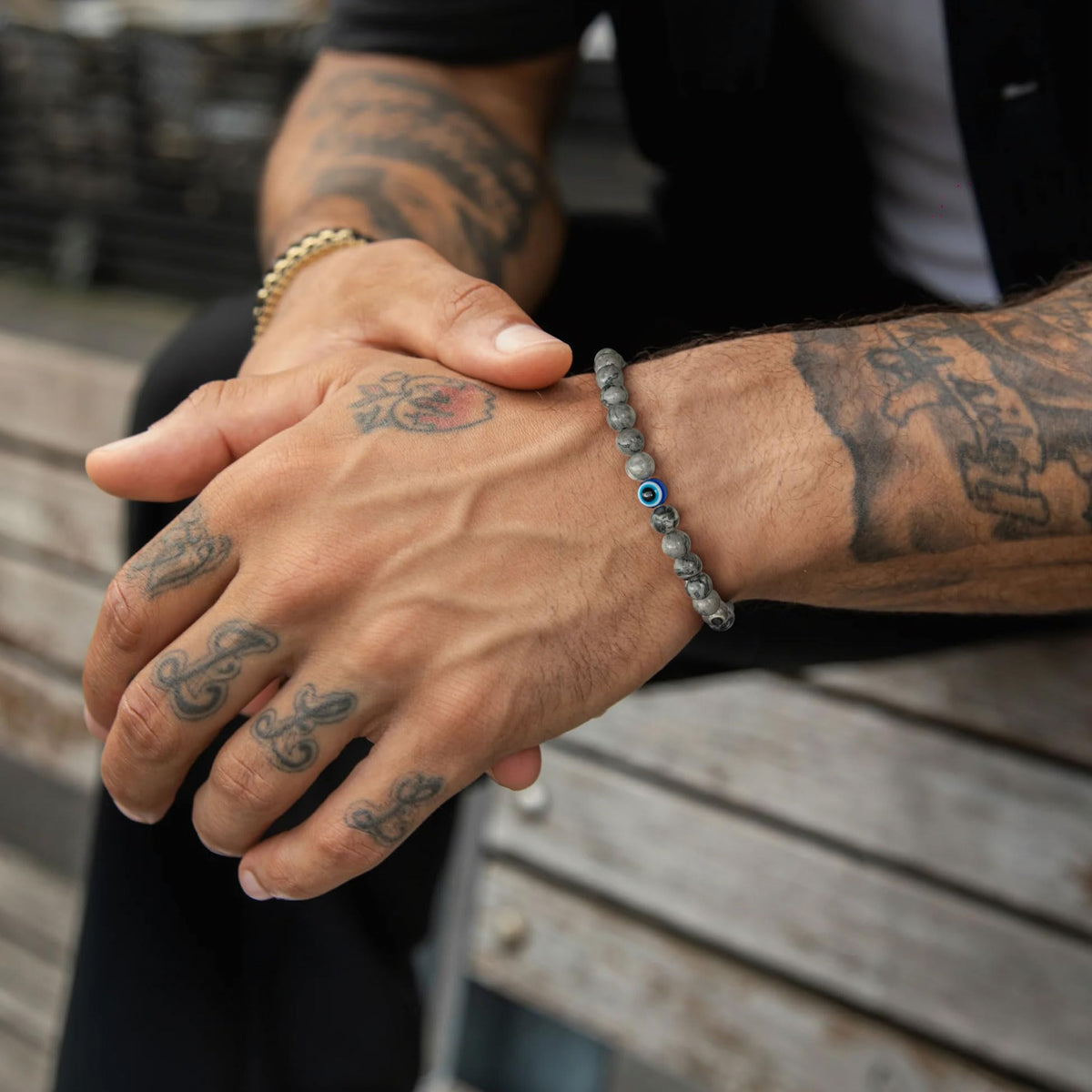 Lameybrt Evil Eye Bracelet 6mm Natural Stretch Adjustable Beaded Bracelets for Men (A06 Cartographic stone, M (6.6"-7.5"))