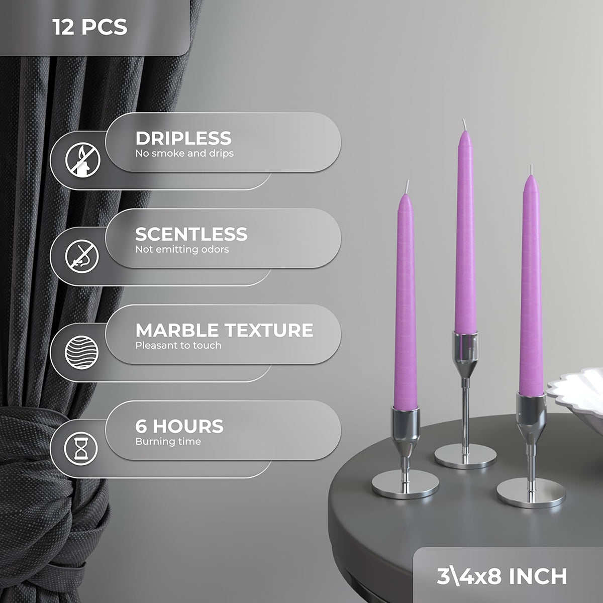 CANDWAX 8 inch Taper Lilac Candles Set of 12 - Unscented Smokeless Dripless Tall Candlesticks - Perfect for Special Occasions, Ordinary Dinners, for Mother's Day - Lavender Candle Sticks