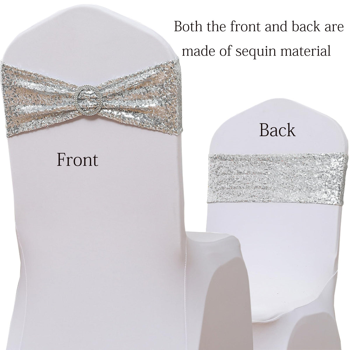 SINSSOWL Pack of 100 Spandex Sequin Silver Chair Sashes for Wedding, Chairs Bands Buckles for Party Folding Chairs Fiesta Baby Shower Christmas Decor - Silver Chair Sash Bows