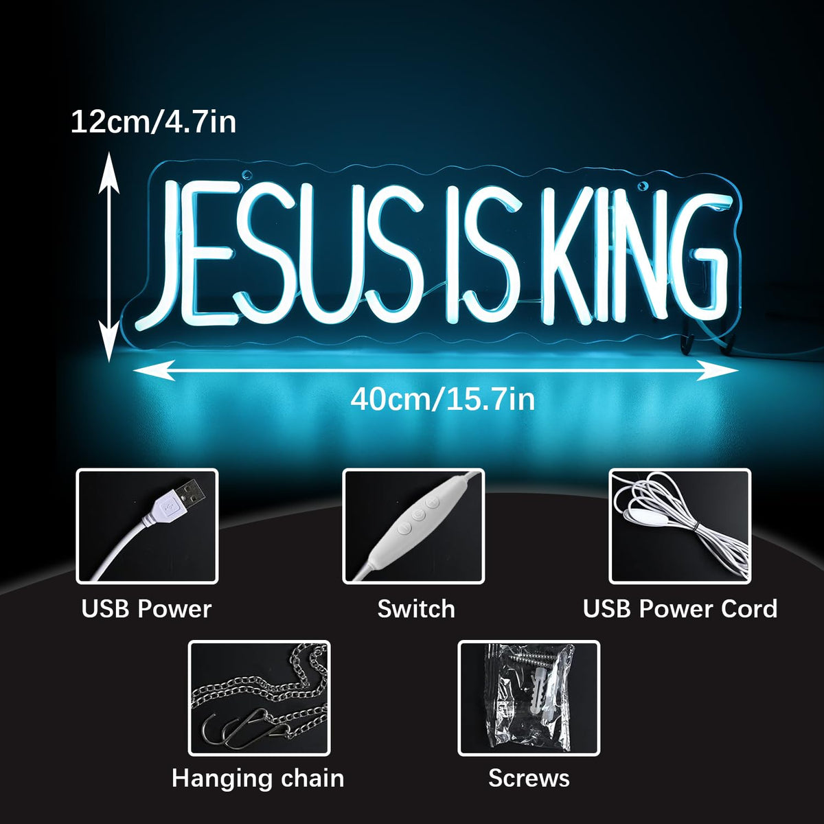 JESUS IS KING" Divine Glow Neon Sign - Scripture LED Wall Art with Adjustable Brightness (15.75"×4.7")
