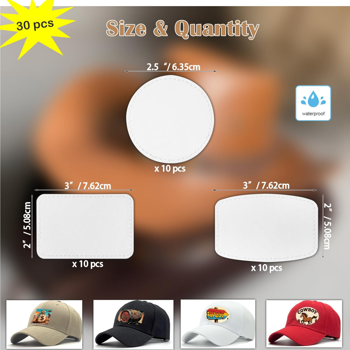 iFForce Full Sublimation Blank Leatherette Patches Without Border - 30 Pcs Waterproof Smooth Glossy PU Iron on Hat Patches - Rectangle Rounded Rectangle Round Patches for DIY Hat & Clothes Business