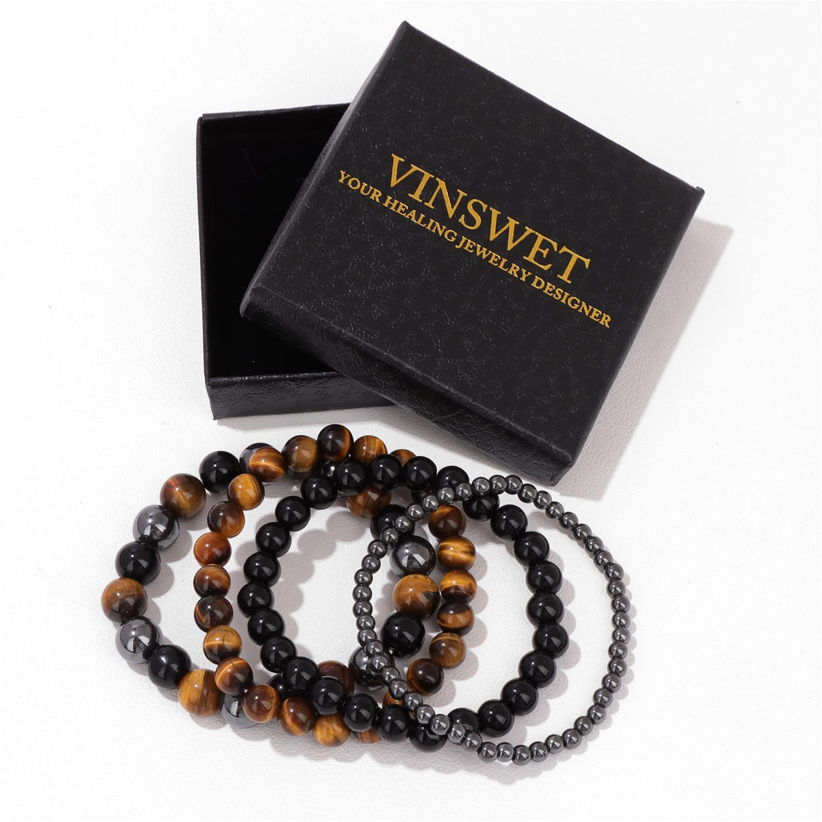 Vinswet 4pcs Natural Stone Beaded Bracelets for Women Men,Genuine Tigers Eye Black Obsidian and Hematite Bracelet,Handmade Triple Protection Bracelet Bring Luck and Prosperity and Happiness