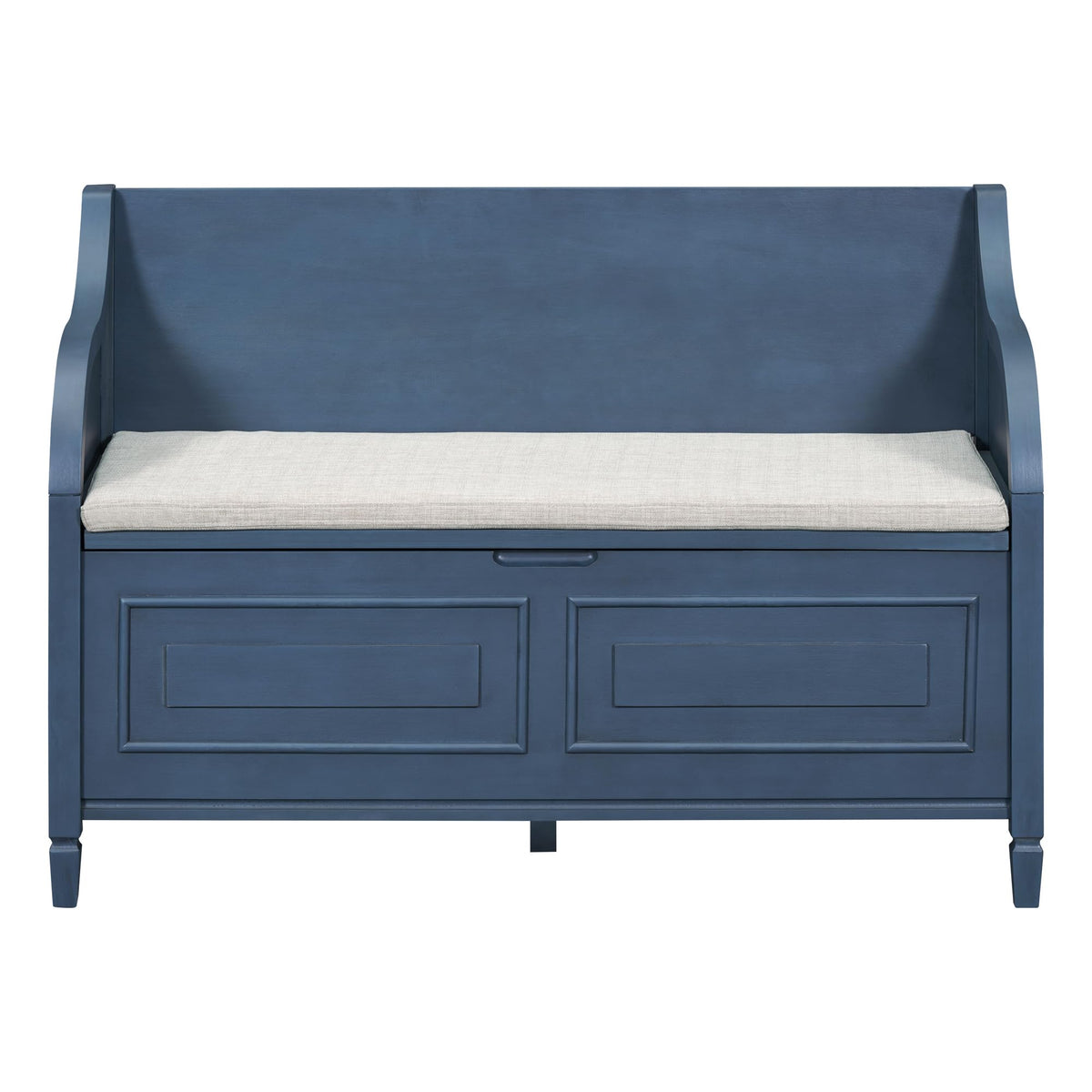 Brisca Rustic Style Storage Bench with Safety Hinge,Solid Wood Entryway Multifunctional Shoe Stool,W/Removable Upholstered Cushion,for Foyer,Bedroom,Antique Navy+Beige