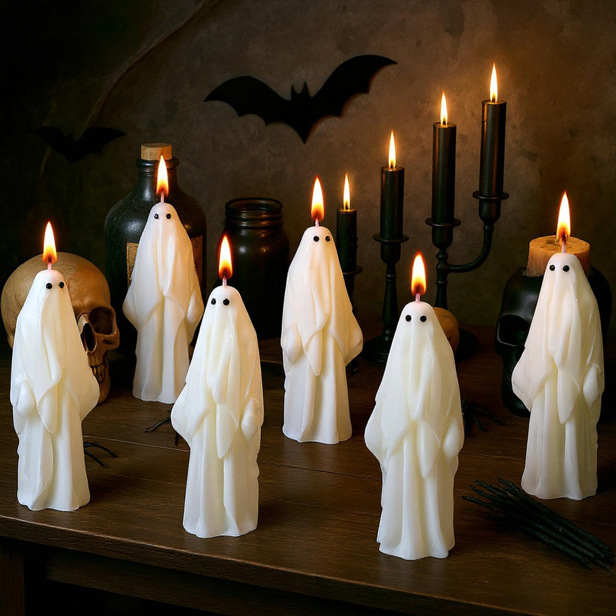 Syhood 6 Pcs Halloween Ghost Candles Gothic Spooky Ghost Taper Candles Soy Wax Gifts for Boo Basket Stuffers Halloween Room Table Indoor Decoration